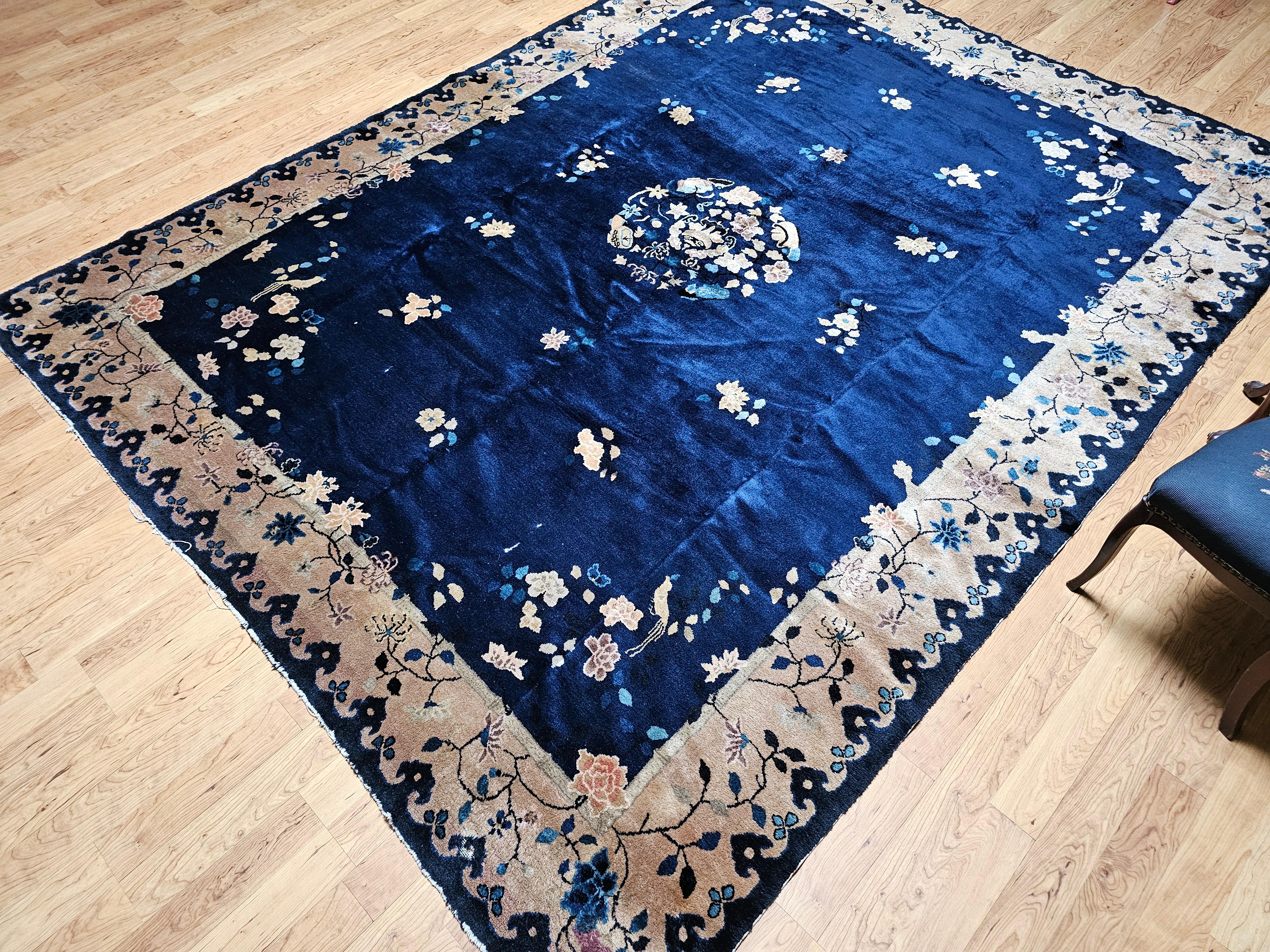 Vintage Room Size Chinese Art Deco Rug in Navy Blue, Taupe For Sale 14