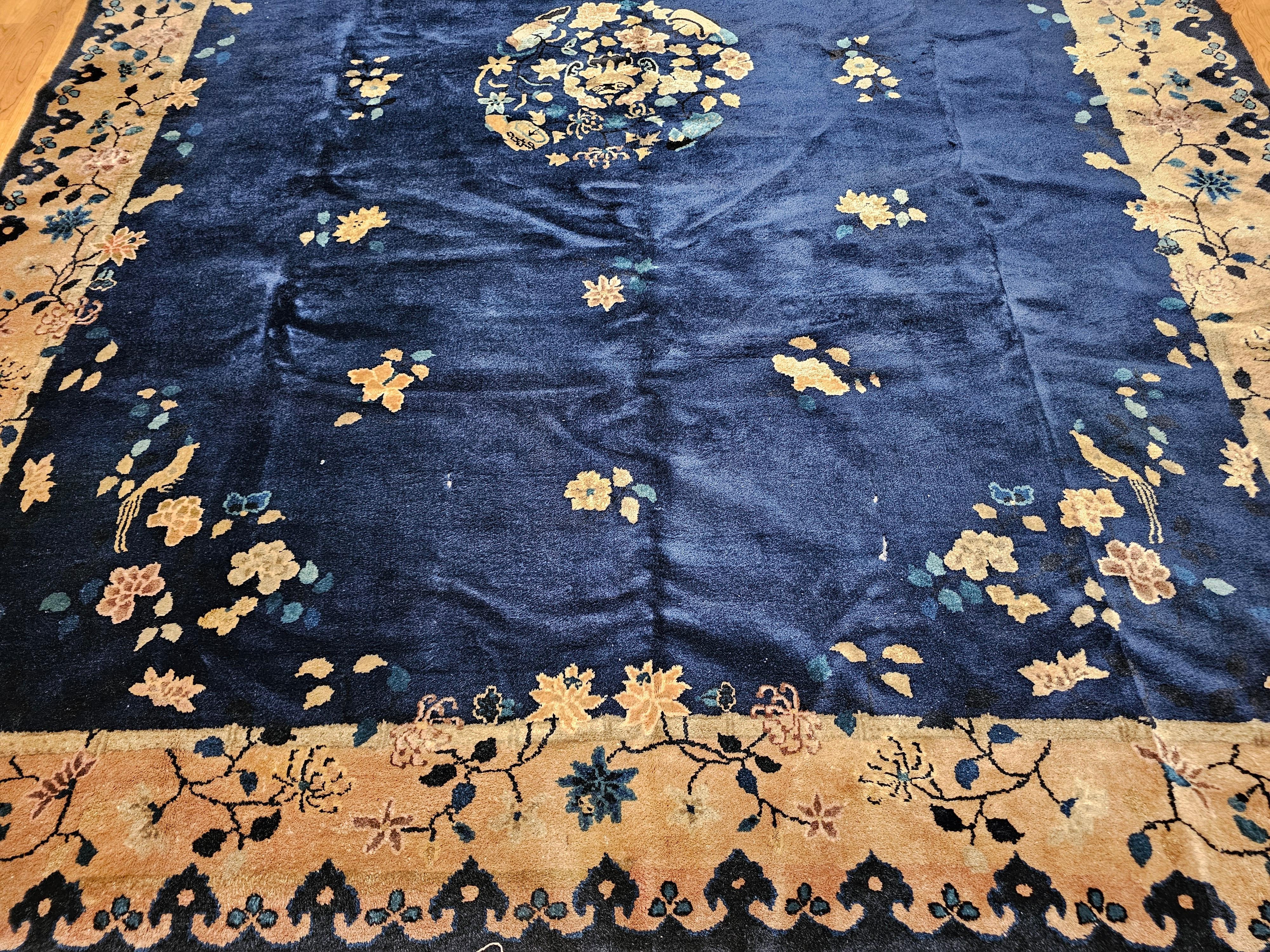 Hand-Woven Vintage Room Size Chinese Art Deco Rug in Navy Blue, Taupe For Sale