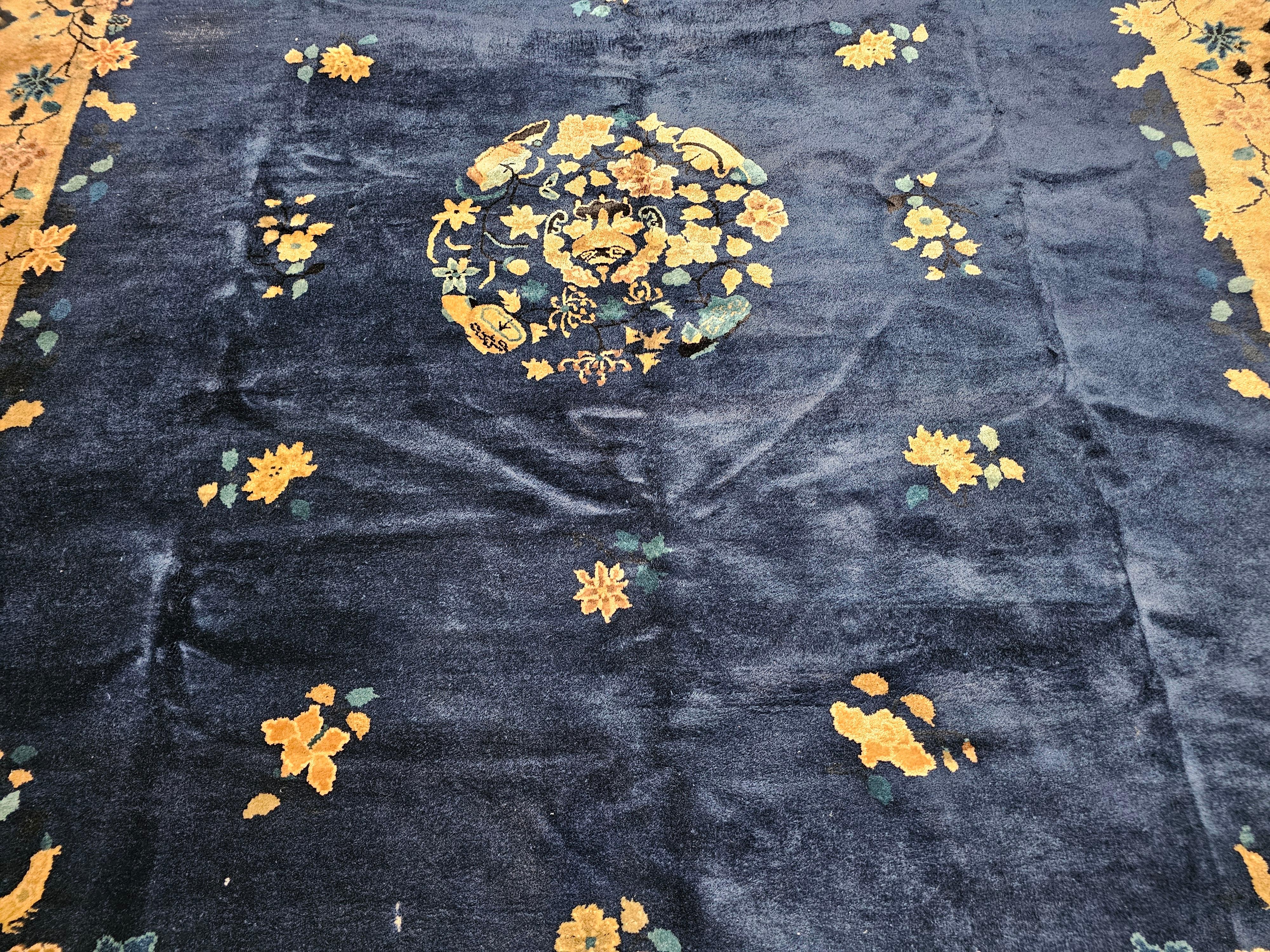 Vintage Room Size Chinese Art Deco Rug in Navy Blue, Taupe In Good Condition For Sale In Barrington, IL