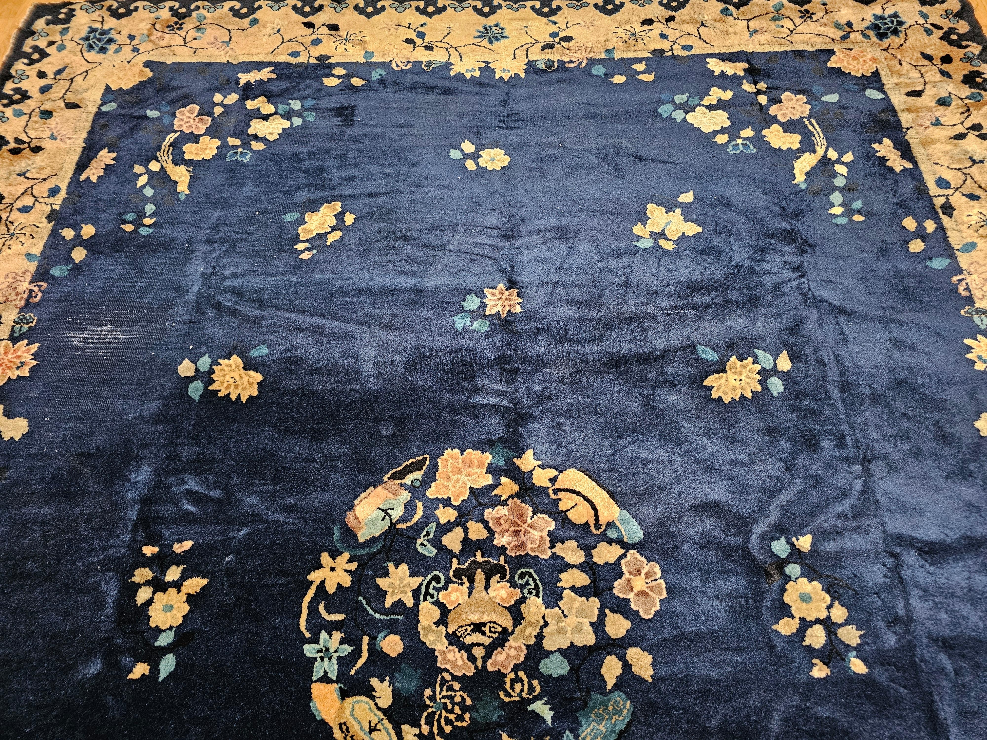20th Century Vintage Room Size Chinese Art Deco Rug in Navy Blue, Taupe For Sale