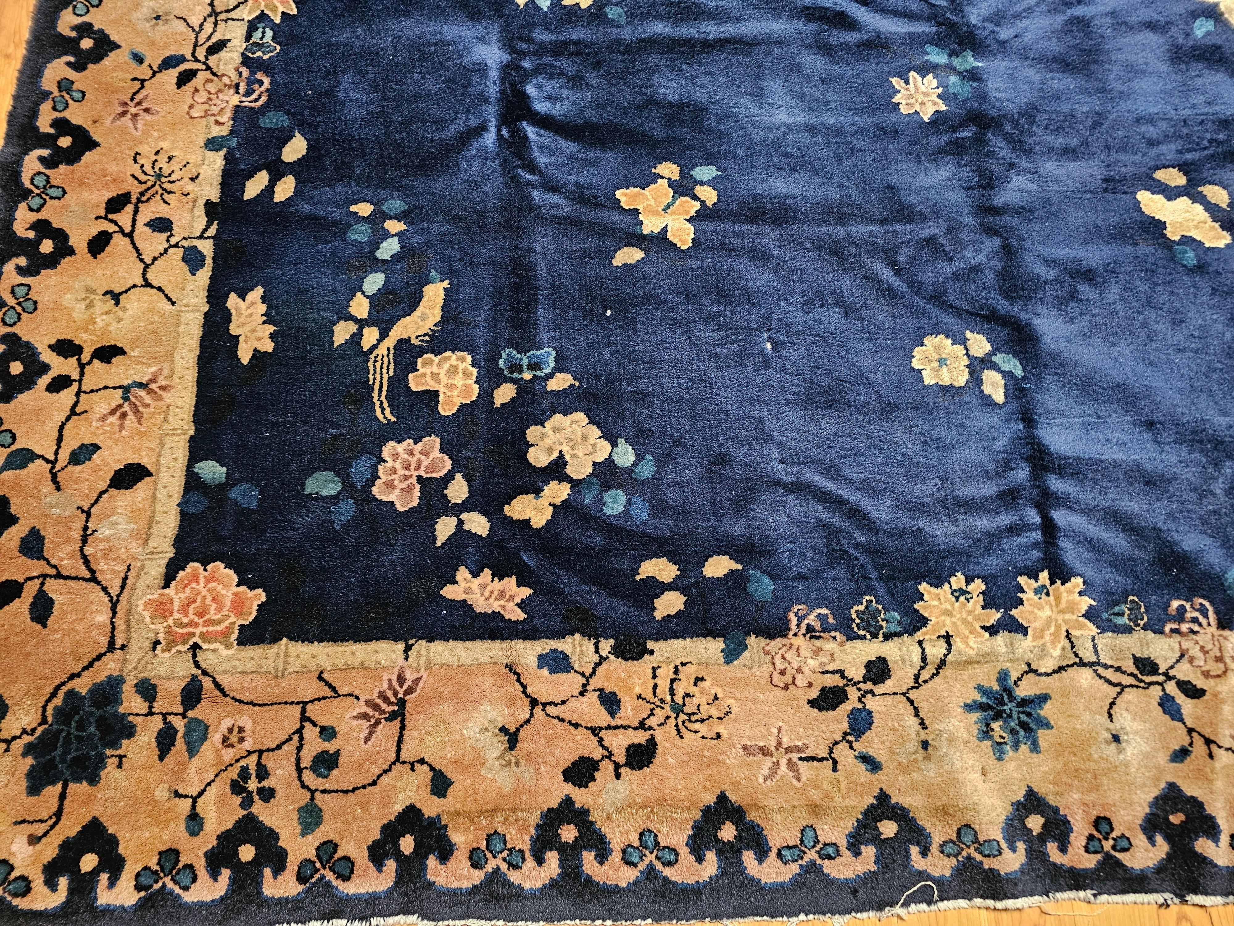 Wool Vintage Room Size Chinese Art Deco Rug in Navy Blue, Taupe For Sale