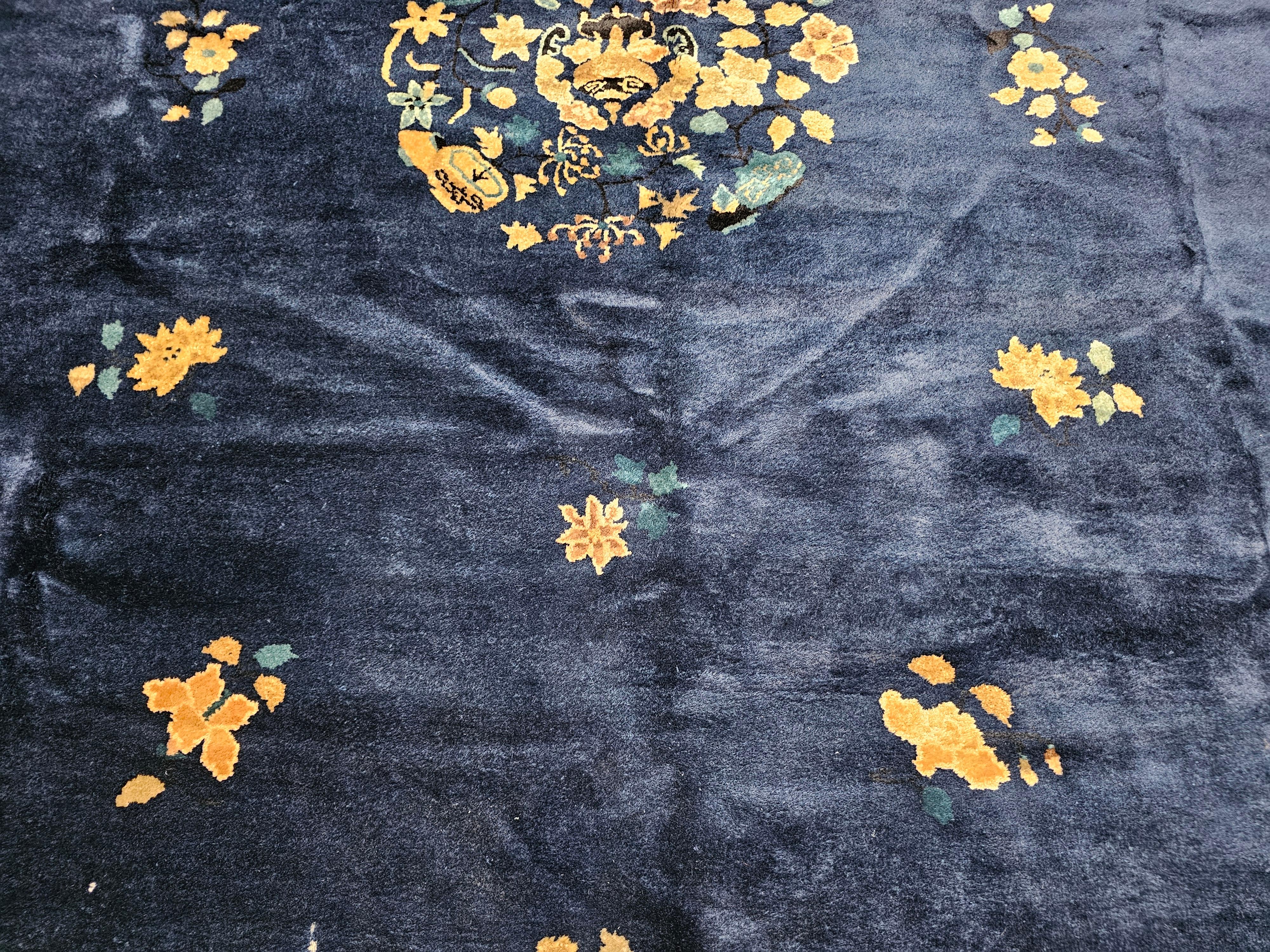 Vintage Room Size Chinese Art Deco Rug in Navy Blue, Taupe For Sale 1