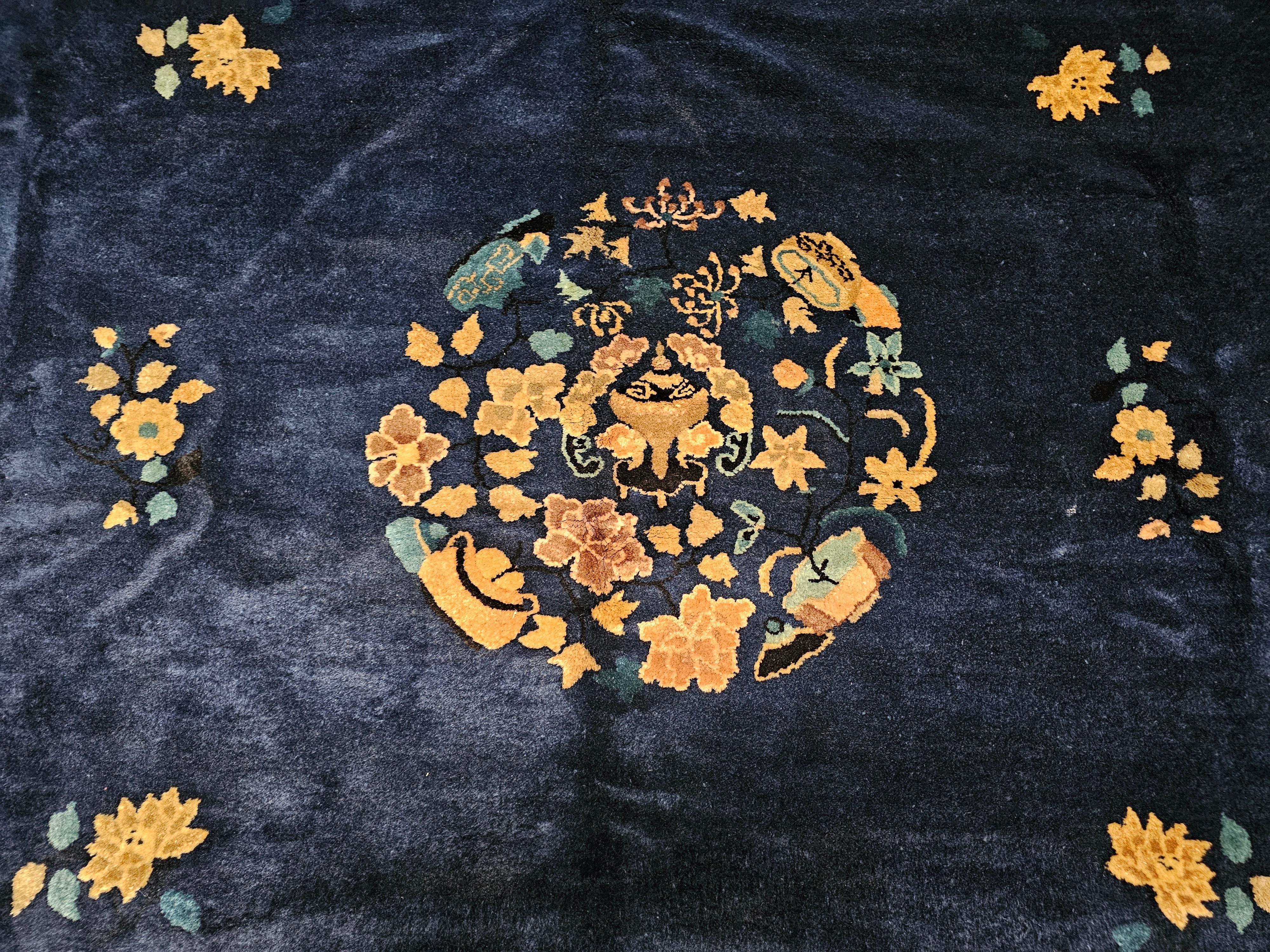 Vintage Room Size Chinese Art Deco Rug in Navy Blue, Taupe For Sale 2