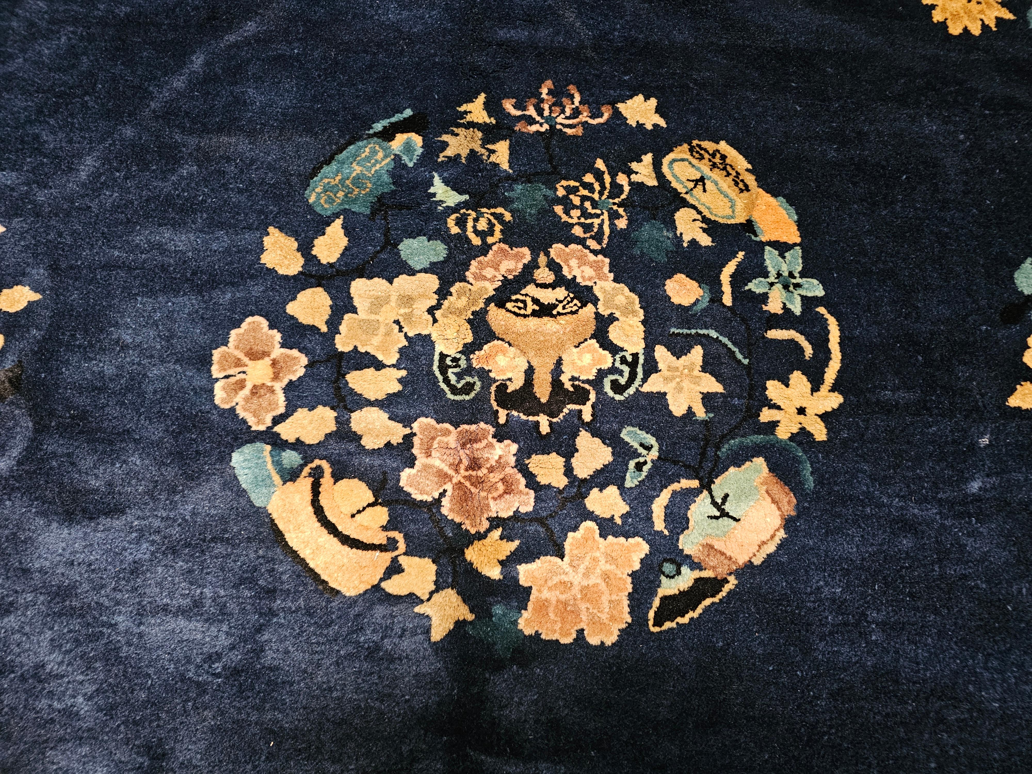 Vintage Room Size Chinese Art Deco Rug in Navy Blue, Taupe For Sale 3