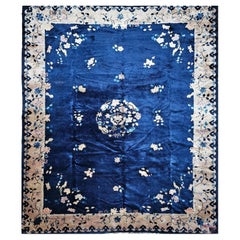 Tappeto vintage Art Deco cinese in blu navy, taupe