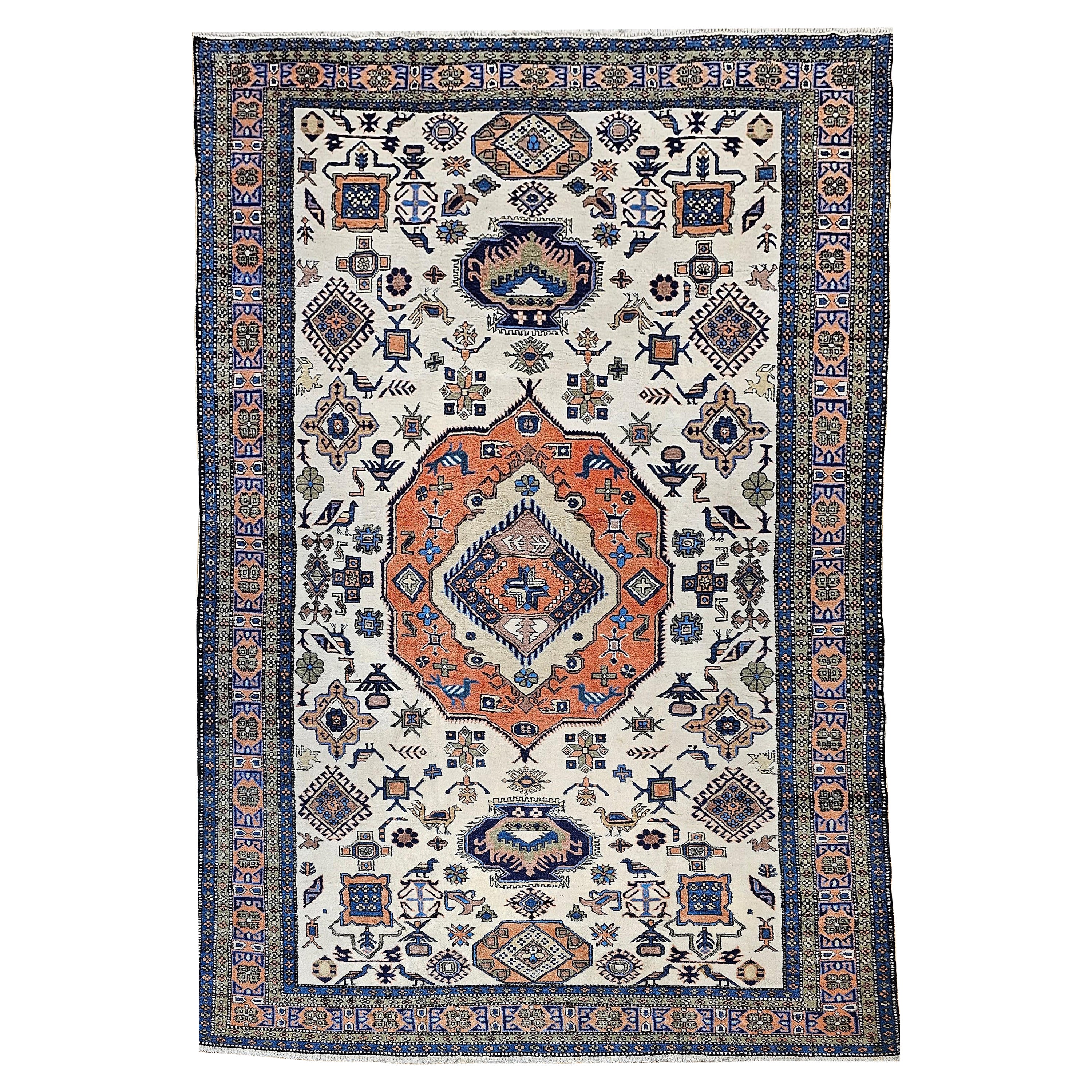 Tappeto persiano Ardebil vintage con motivo geometrico in avorio, mattone, dimensioni della stanza in vendita