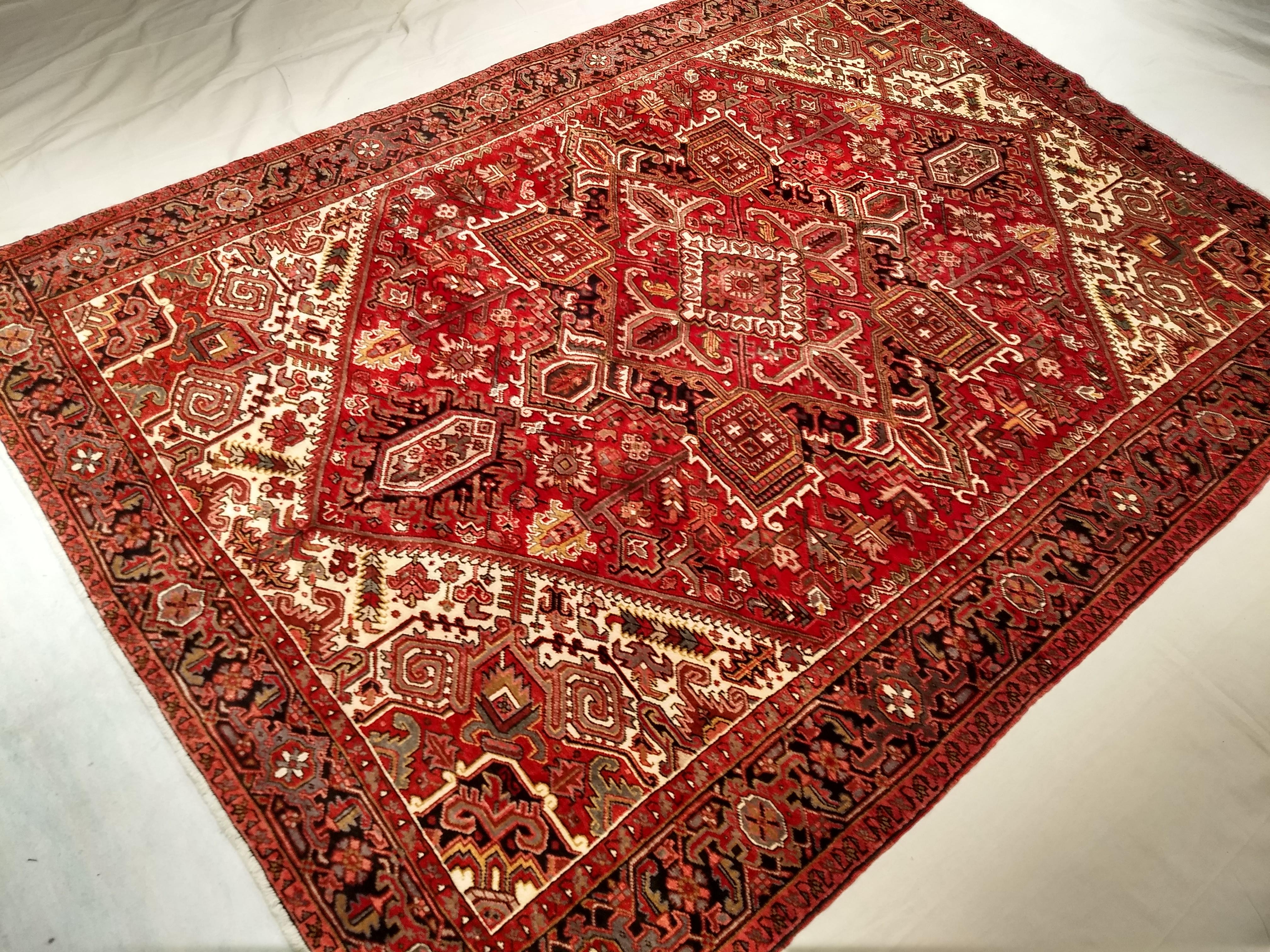 Vintage Room Size Persian Heriz in Dark Red, Ivory, Navy, Green, Brown, Yellow For Sale 4