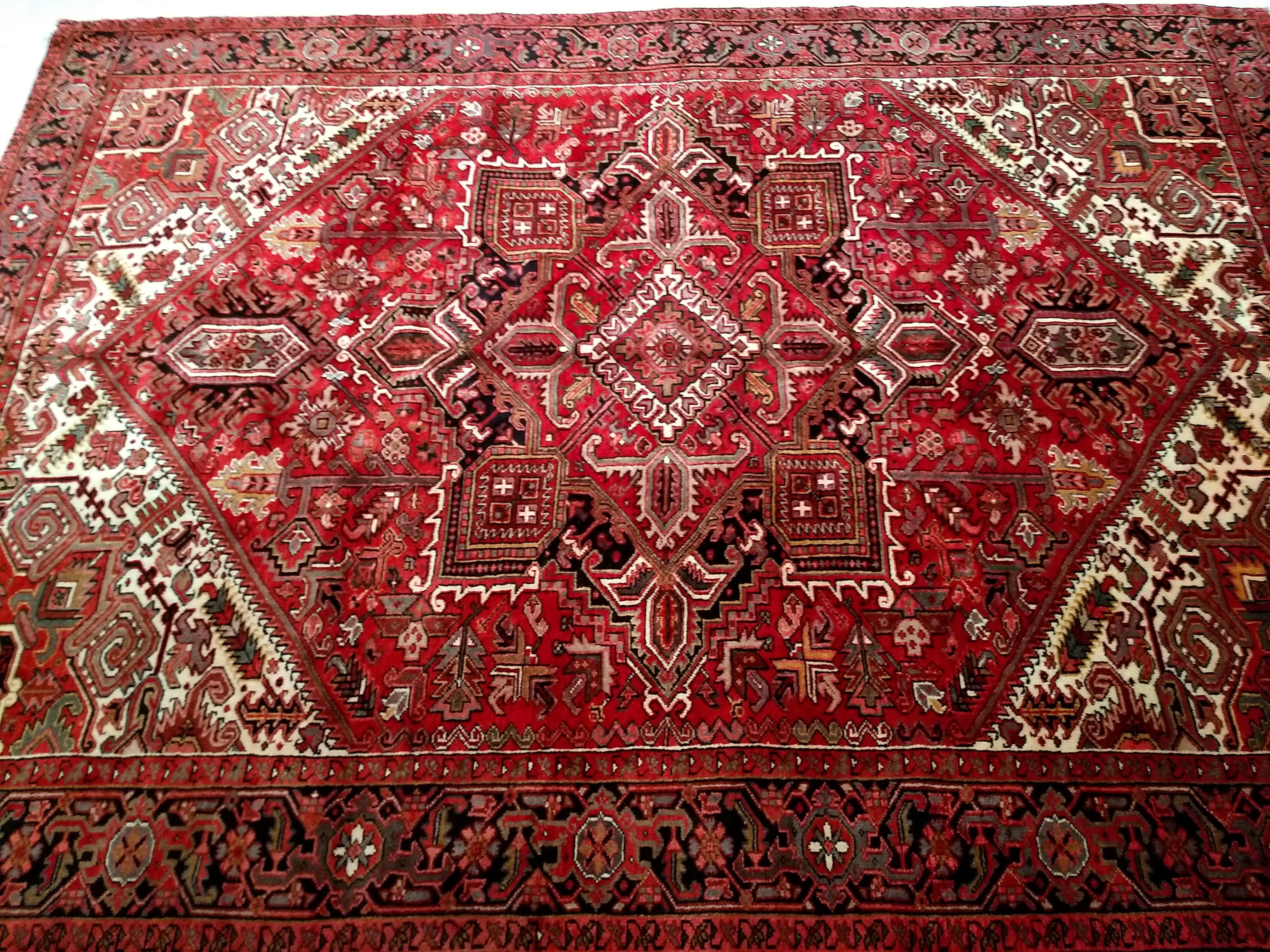 Vintage Room Size Persian Heriz in Dark Red, Ivory, Navy, Green, Brown, Yellow For Sale 5