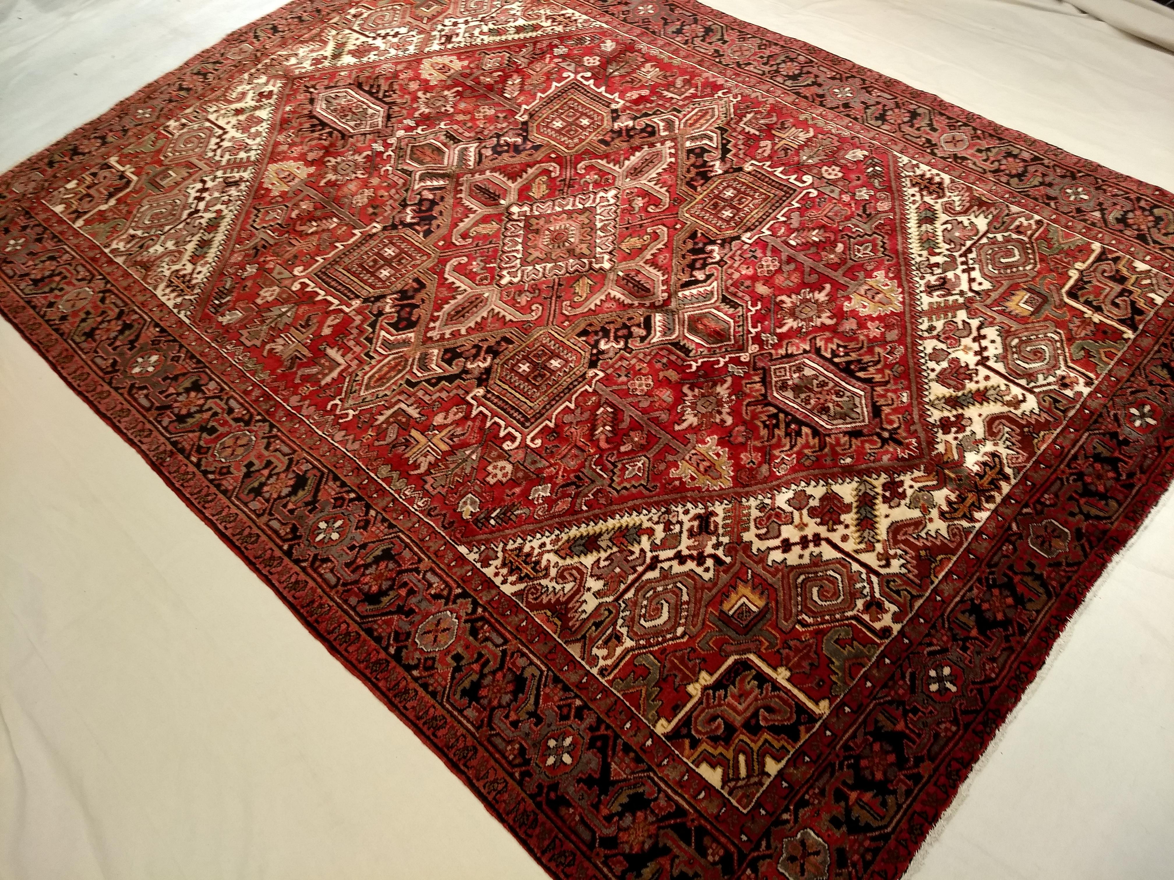 Vintage Room Size Persian Heriz in Dark Red, Ivory, Navy, Green, Brown, Yellow For Sale 6