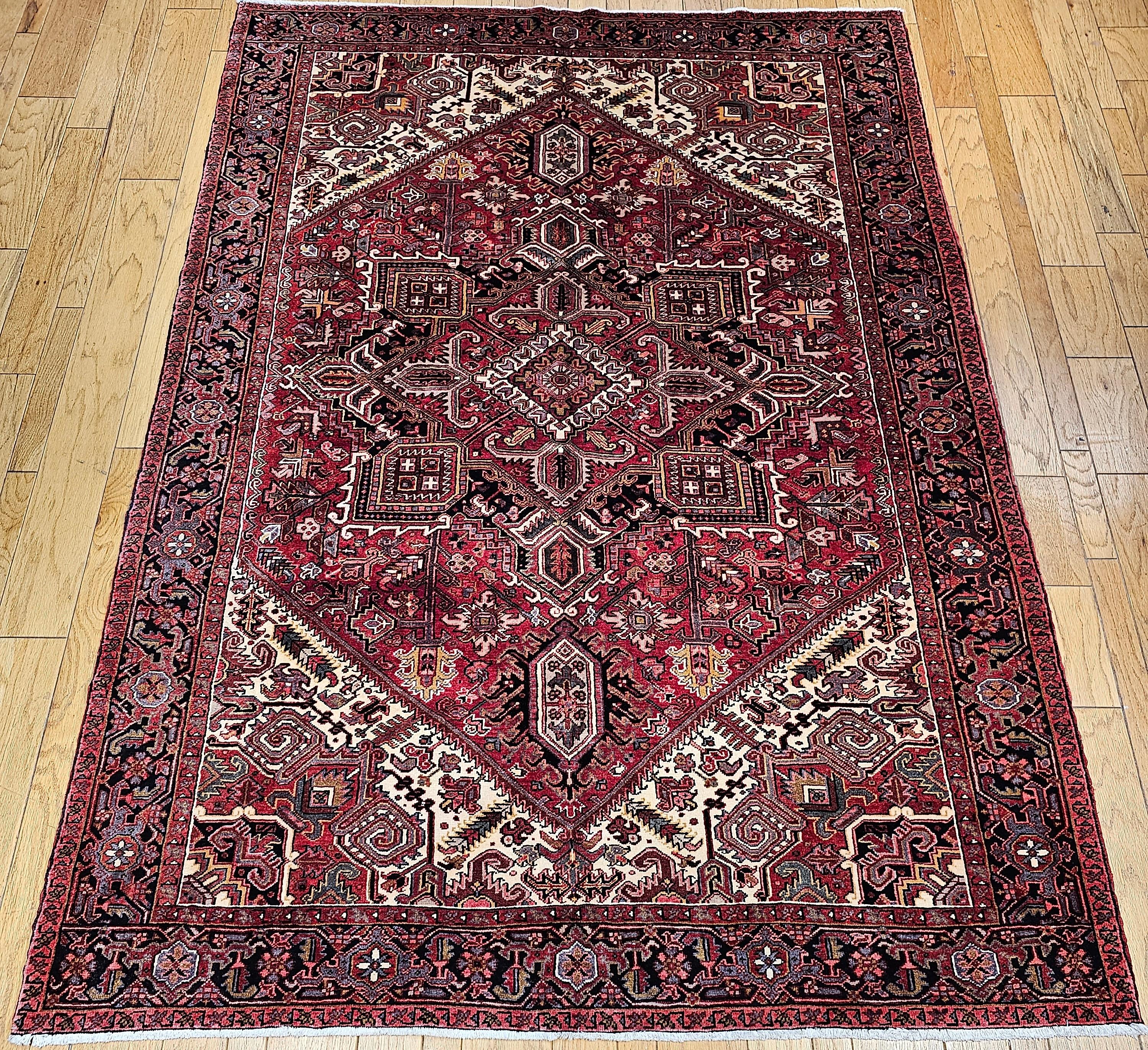 Vintage Room Size Persian Heriz in Dark Red, Ivory, Navy, Green, Brown, Yellow For Sale 8