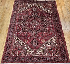 Vintage Room Size Persian Heriz in Geometric Pattern in Dark Red, Ivory, Blue