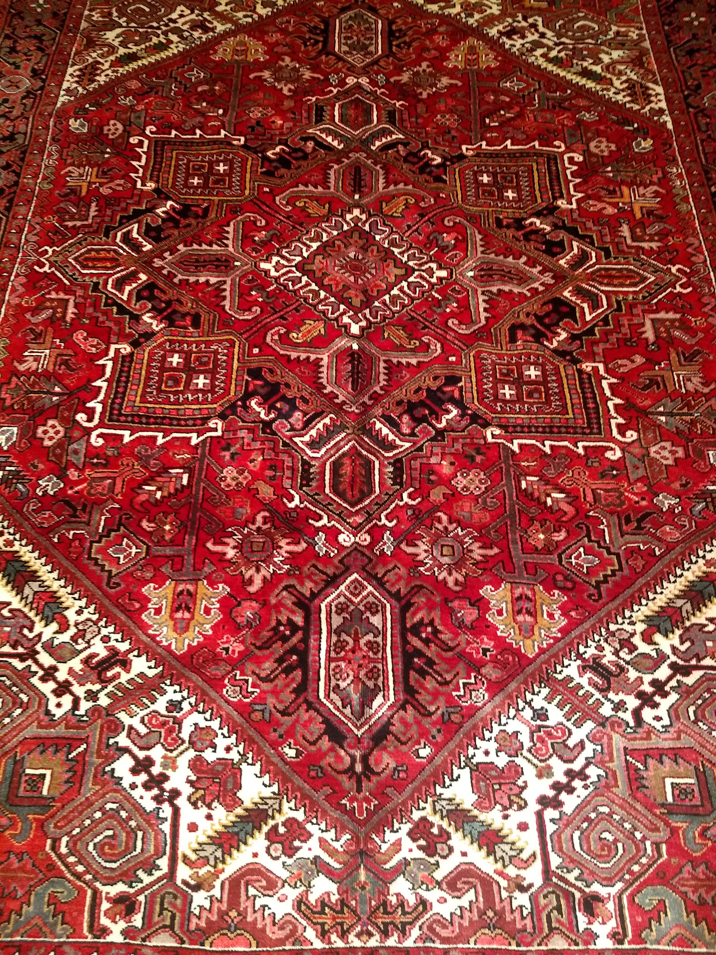 Hand-Woven Vintage Room Size Persian Heriz in Dark Red, Ivory, Navy, Green, Brown, Yellow For Sale
