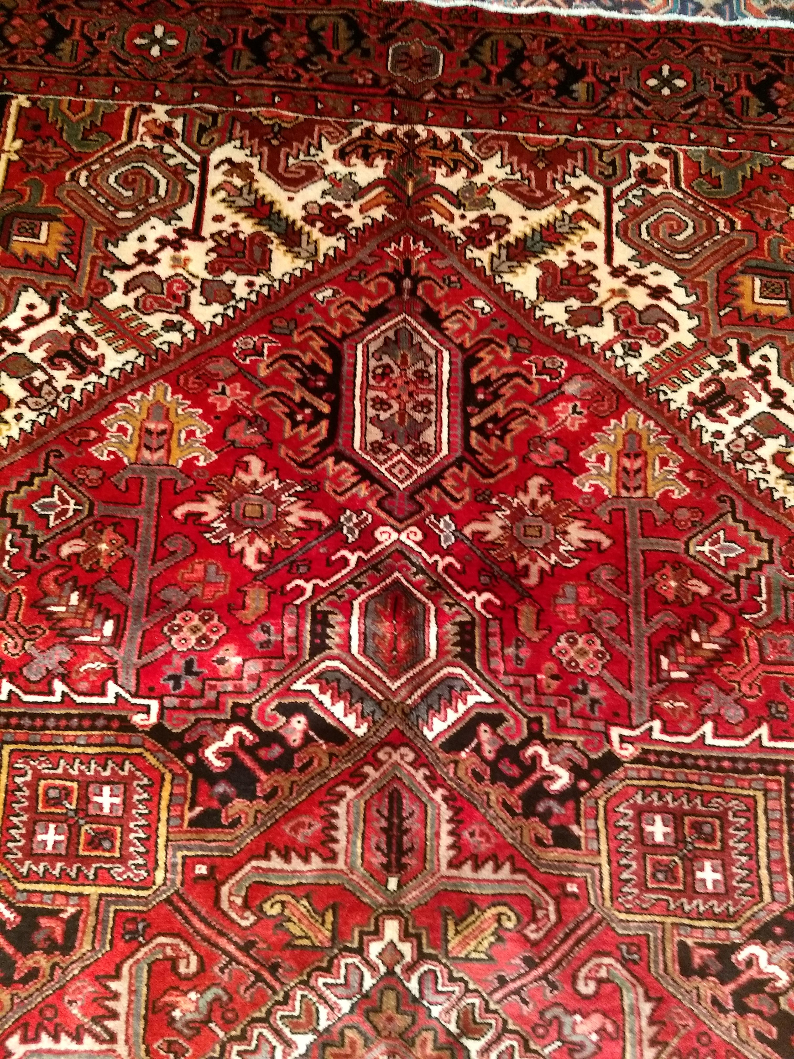 Vintage Room Size Persian Heriz in Dark Red, Ivory, Navy, Green, Brown, Yellow In Good Condition For Sale In Barrington, IL