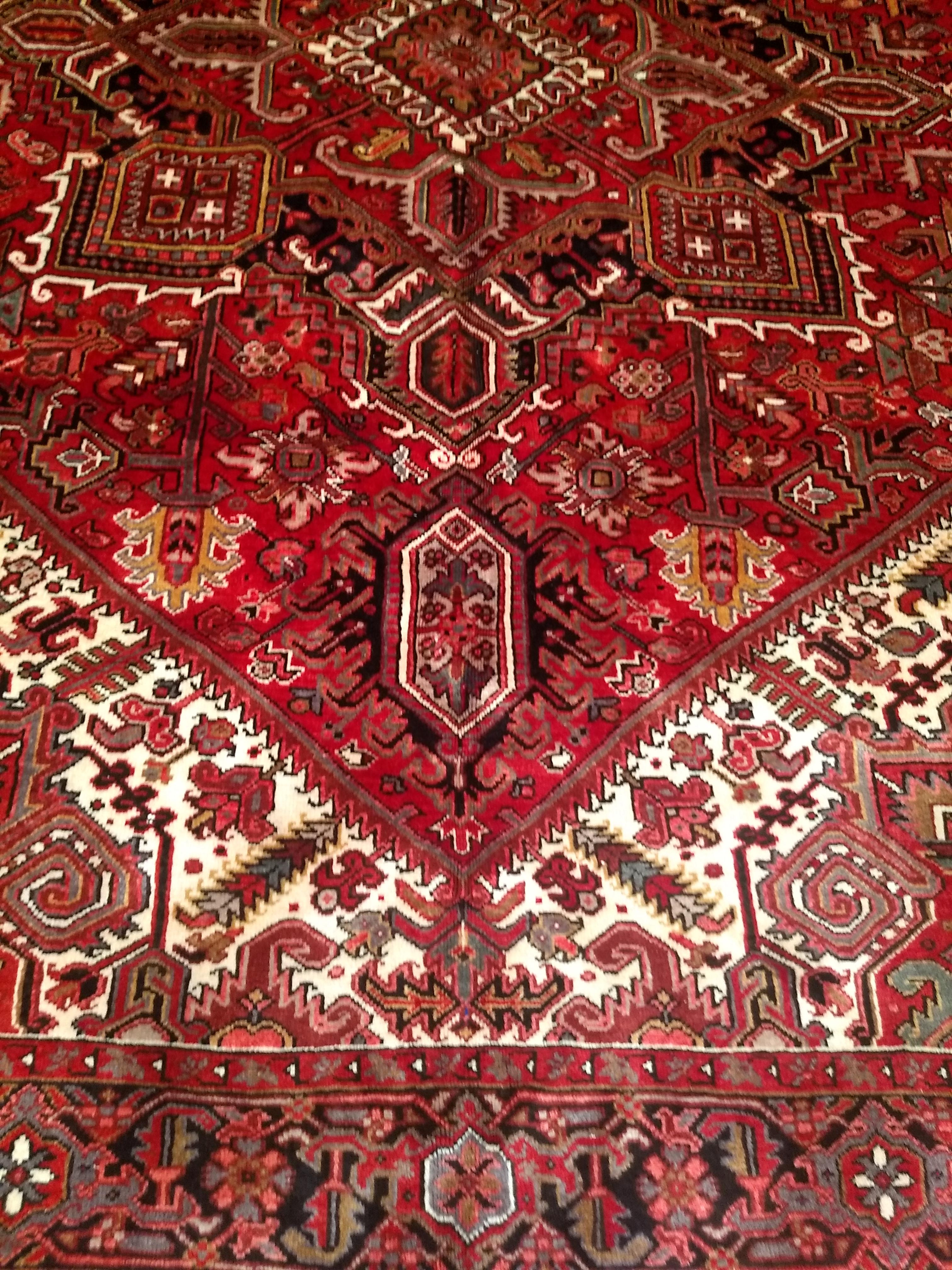 Wool Vintage Room Size Persian Heriz in Dark Red, Ivory, Navy, Green, Brown, Yellow For Sale