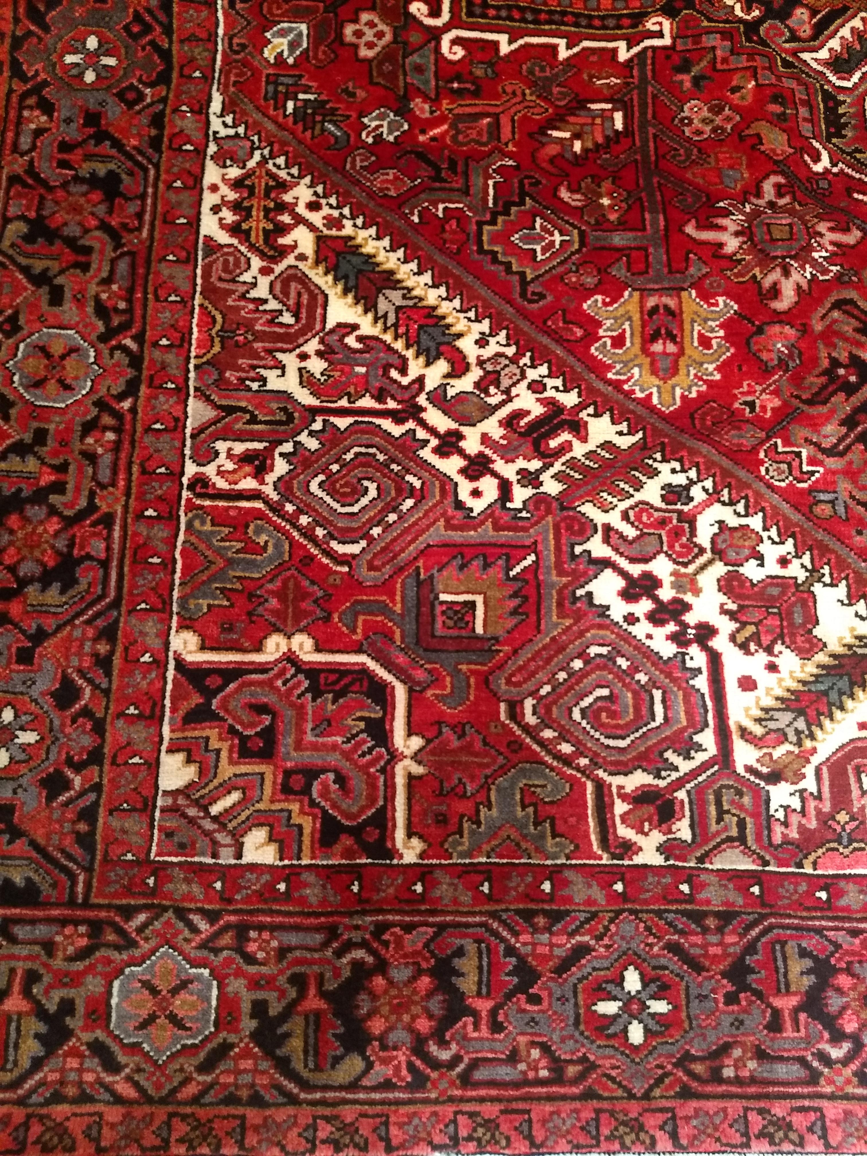 Vintage Room Size Persian Heriz in Dark Red, Ivory, Navy, Green, Brown, Yellow For Sale 1