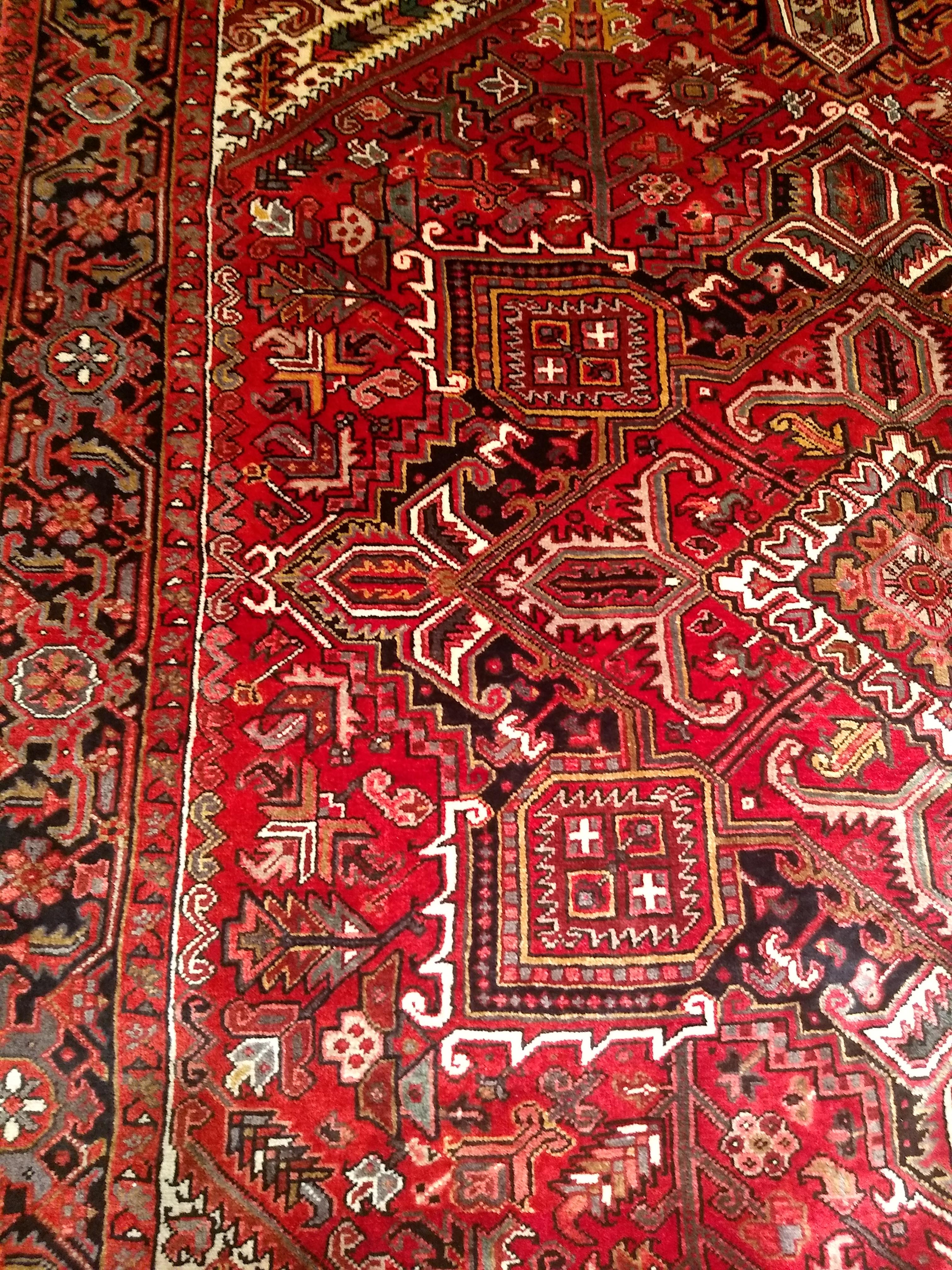 Vintage Room Size Persian Heriz in Dark Red, Ivory, Navy, Green, Brown, Yellow For Sale 2
