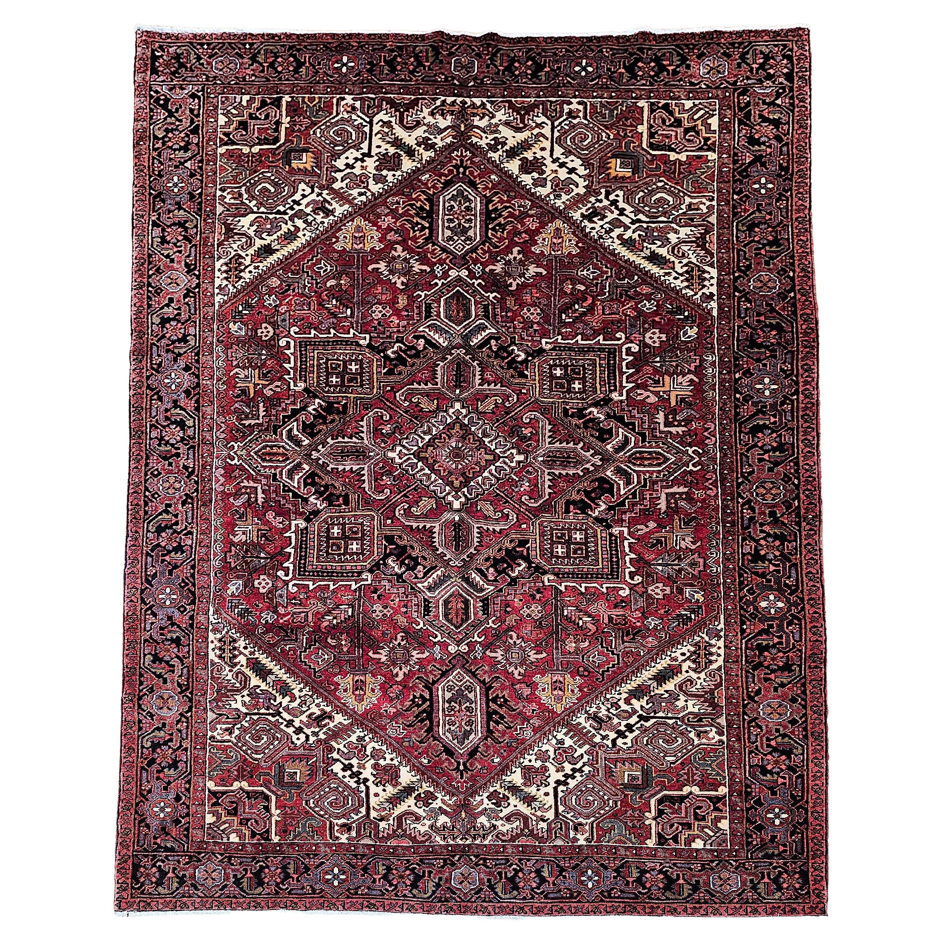 Vintage Room Size Persian Heriz in Dark Red, Ivory, Navy, Green, Brown, Yellow For Sale