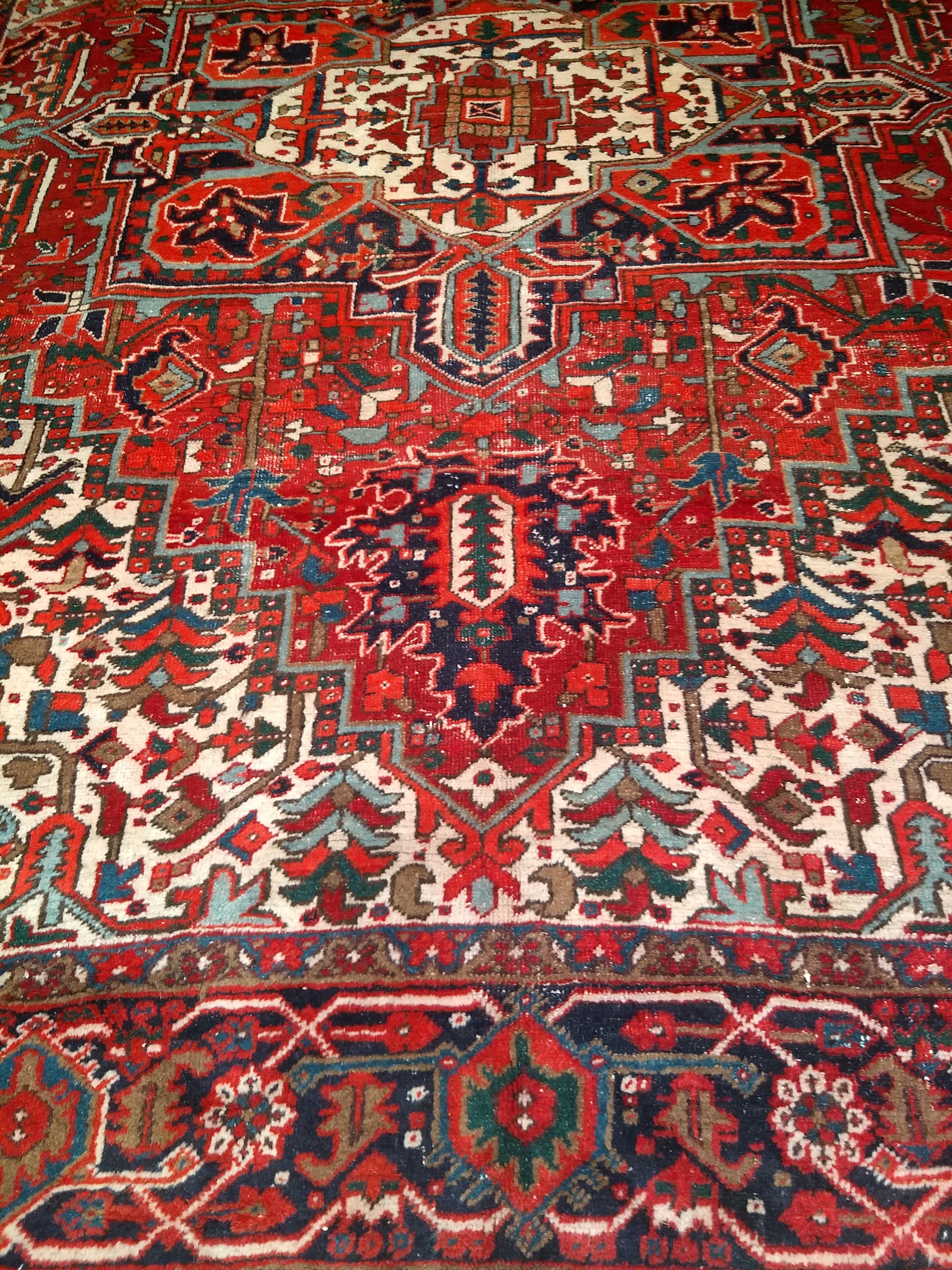 Vintage Room Size Persian Heriz in Red, Navy Blue, Ivory, Blue, Pink For Sale 3