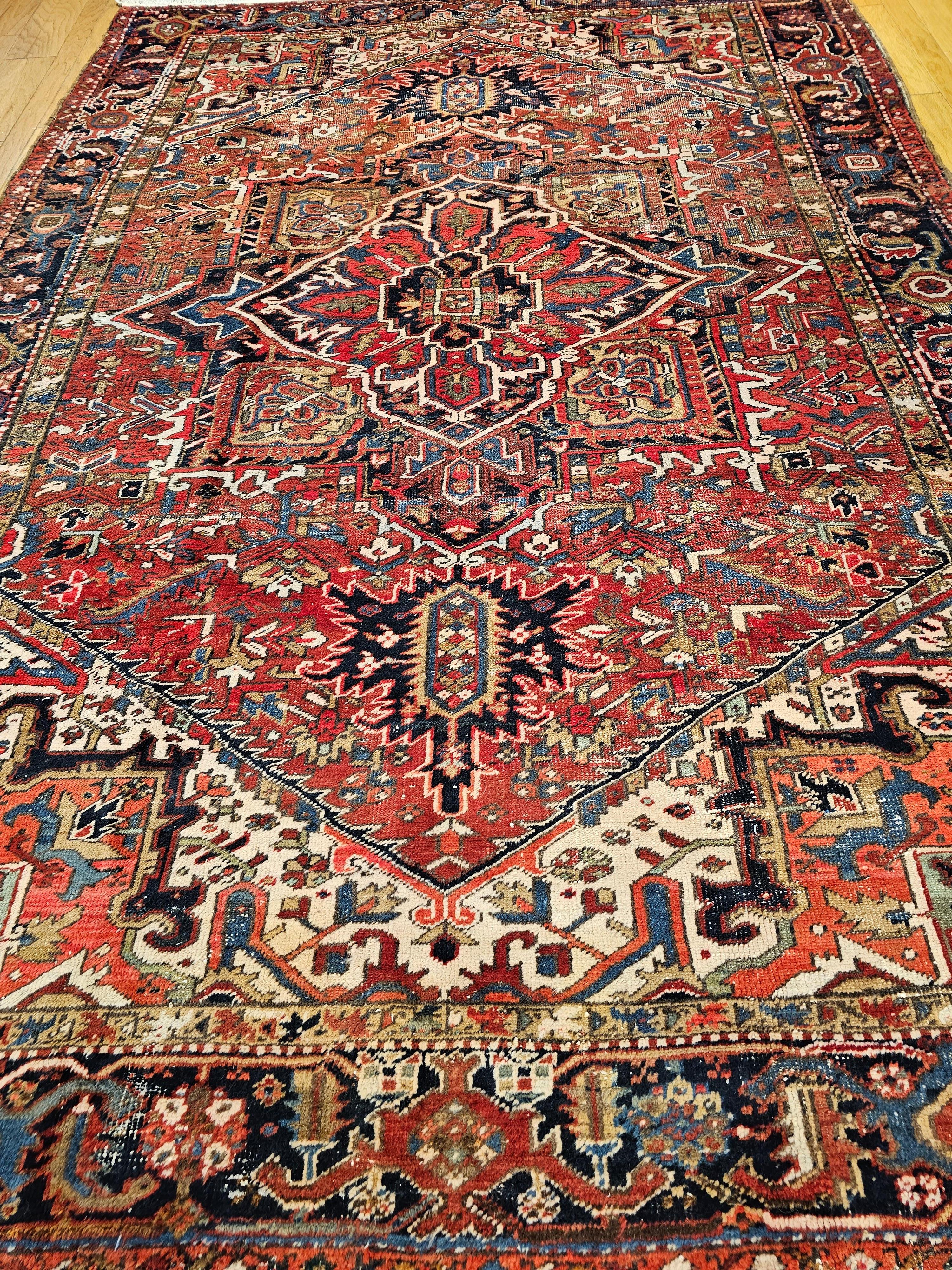 Vintage Room Size Persian Heriz in Red, Navy Blue, Ivory, Yellow, Green, Brown For Sale 4