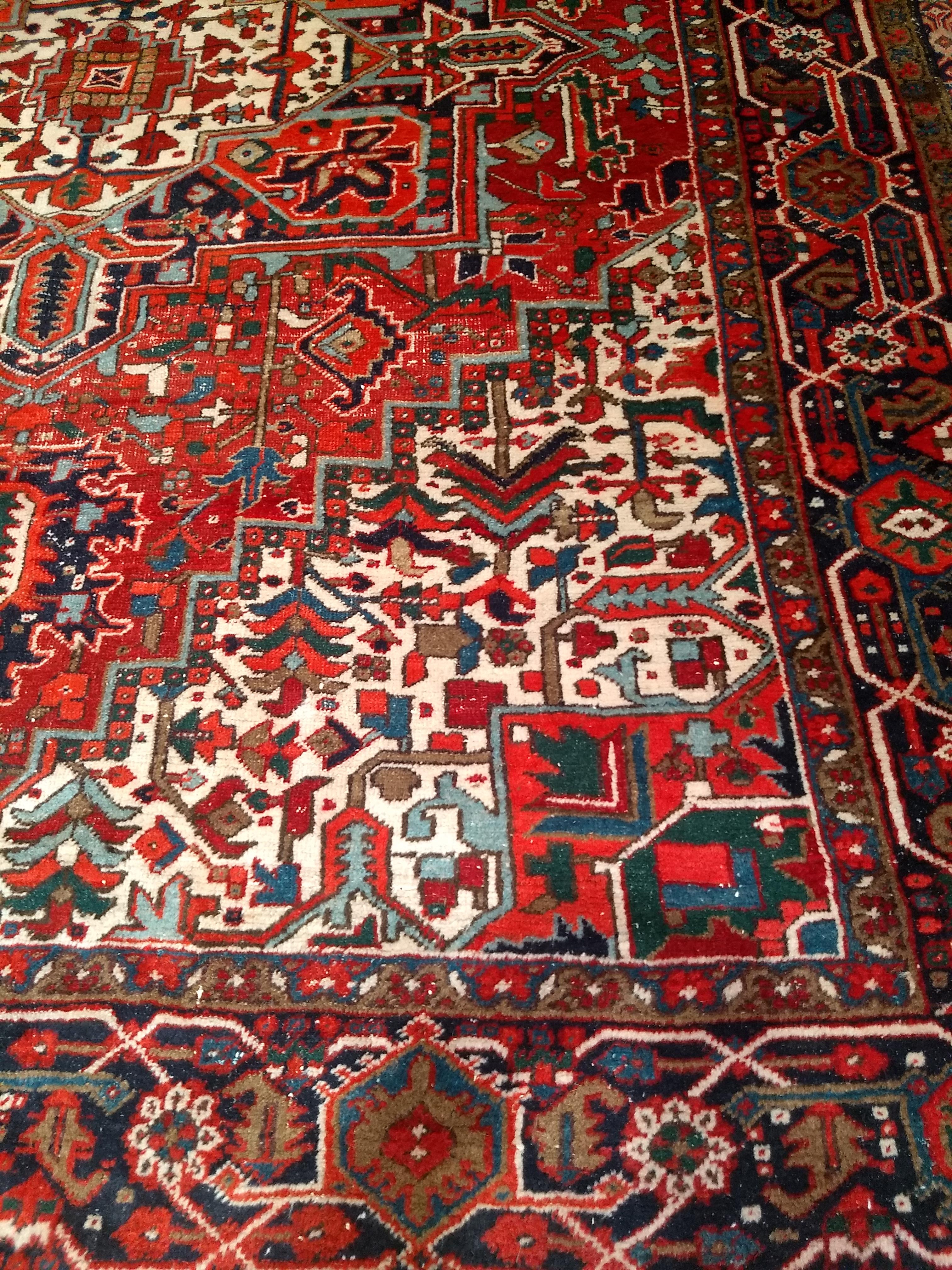 Vintage Room Size Persian Heriz in Red, Navy Blue, Ivory, Blue, Pink For Sale 4