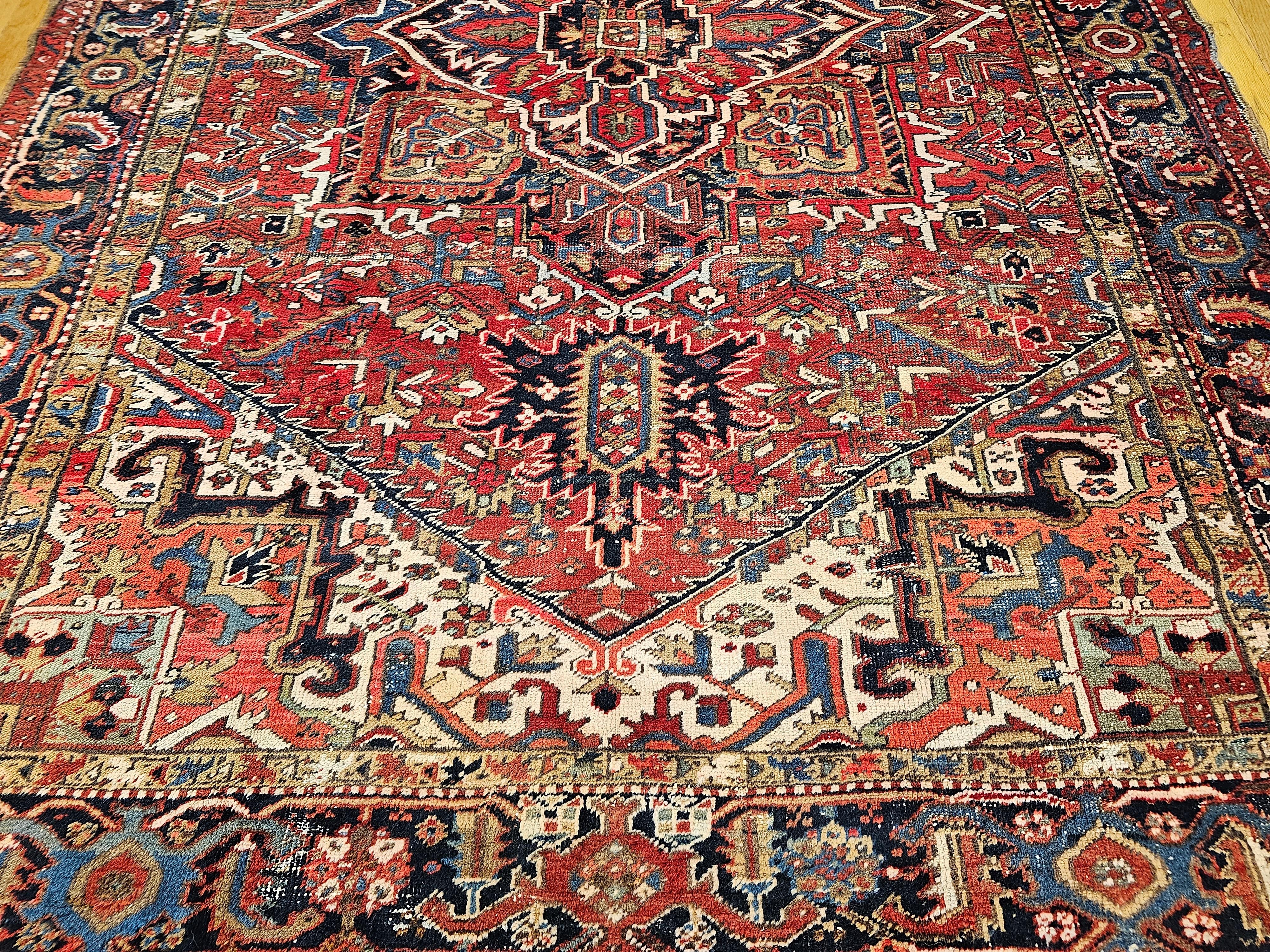 Vintage Room Size Persian Heriz in Red, Navy Blue, Ivory, Yellow, Green, Brown For Sale 5