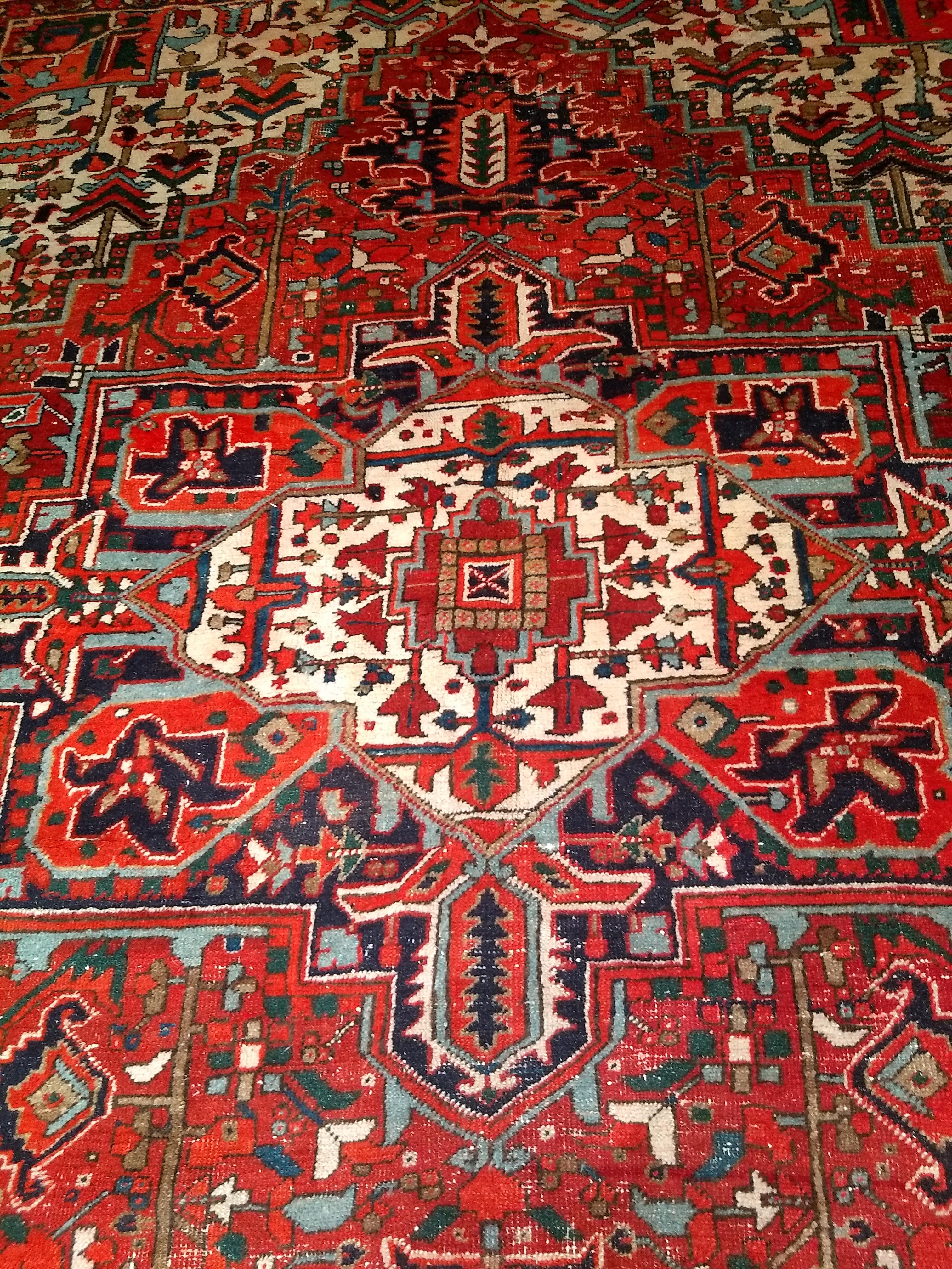 Vintage Room Size Persian Heriz in Red, Navy Blue, Ivory, Blue, Pink For Sale 5