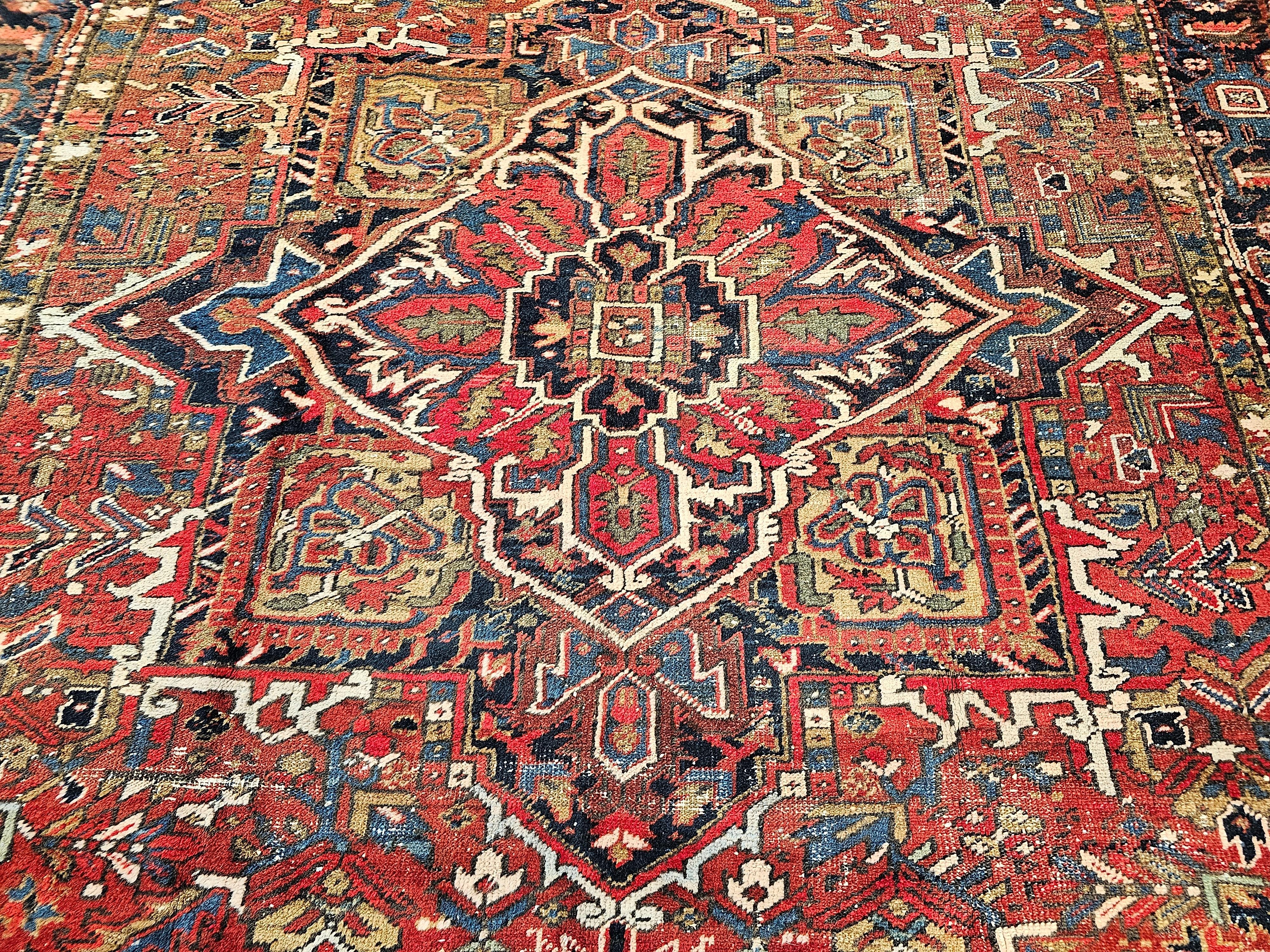 Vintage Room Size Persian Heriz in Red, Navy Blue, Ivory, Yellow, Green, Brown For Sale 6