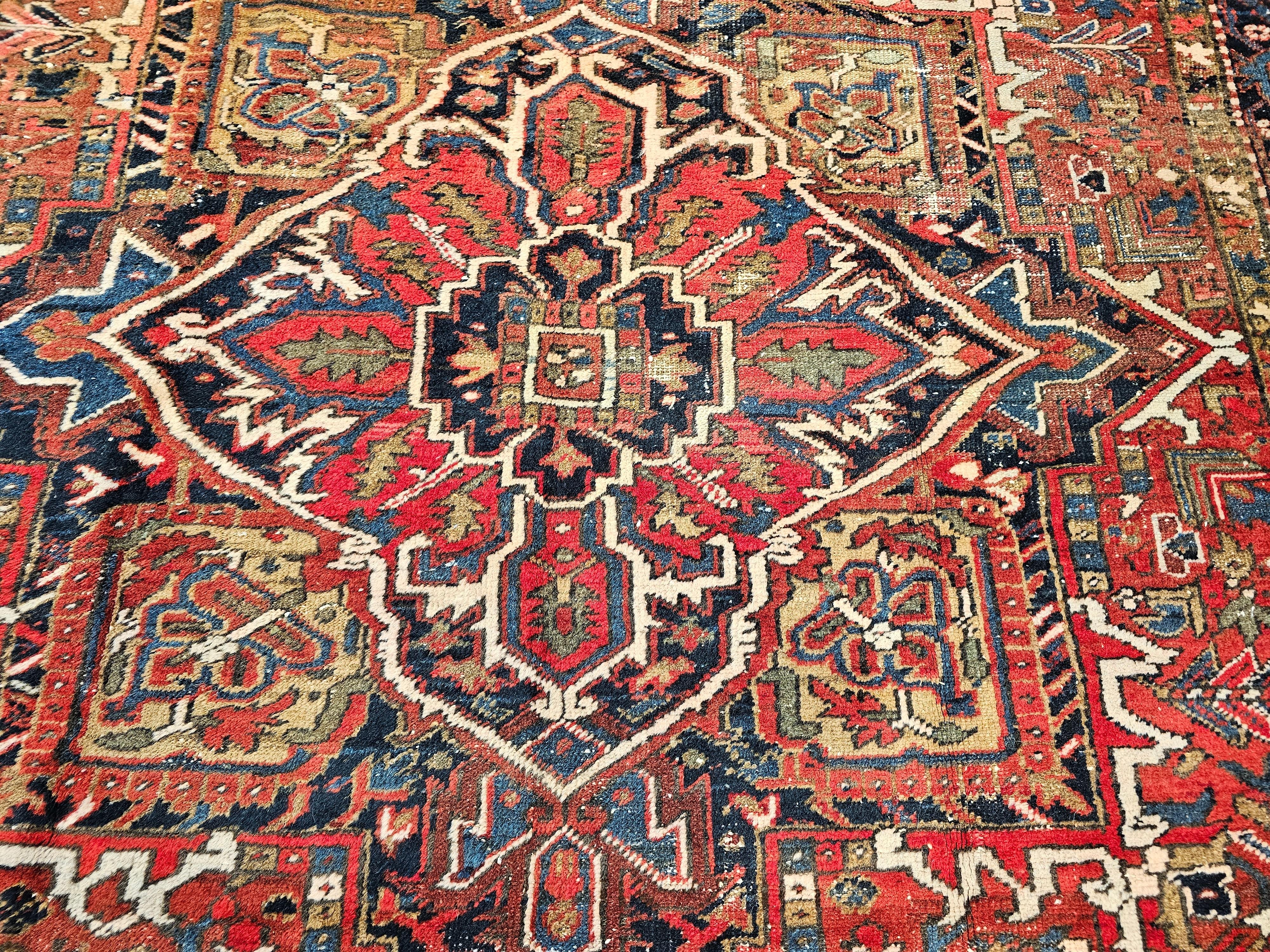 Vintage Room Size Persian Heriz in Red, Navy Blue, Ivory, Yellow, Green, Brown For Sale 7