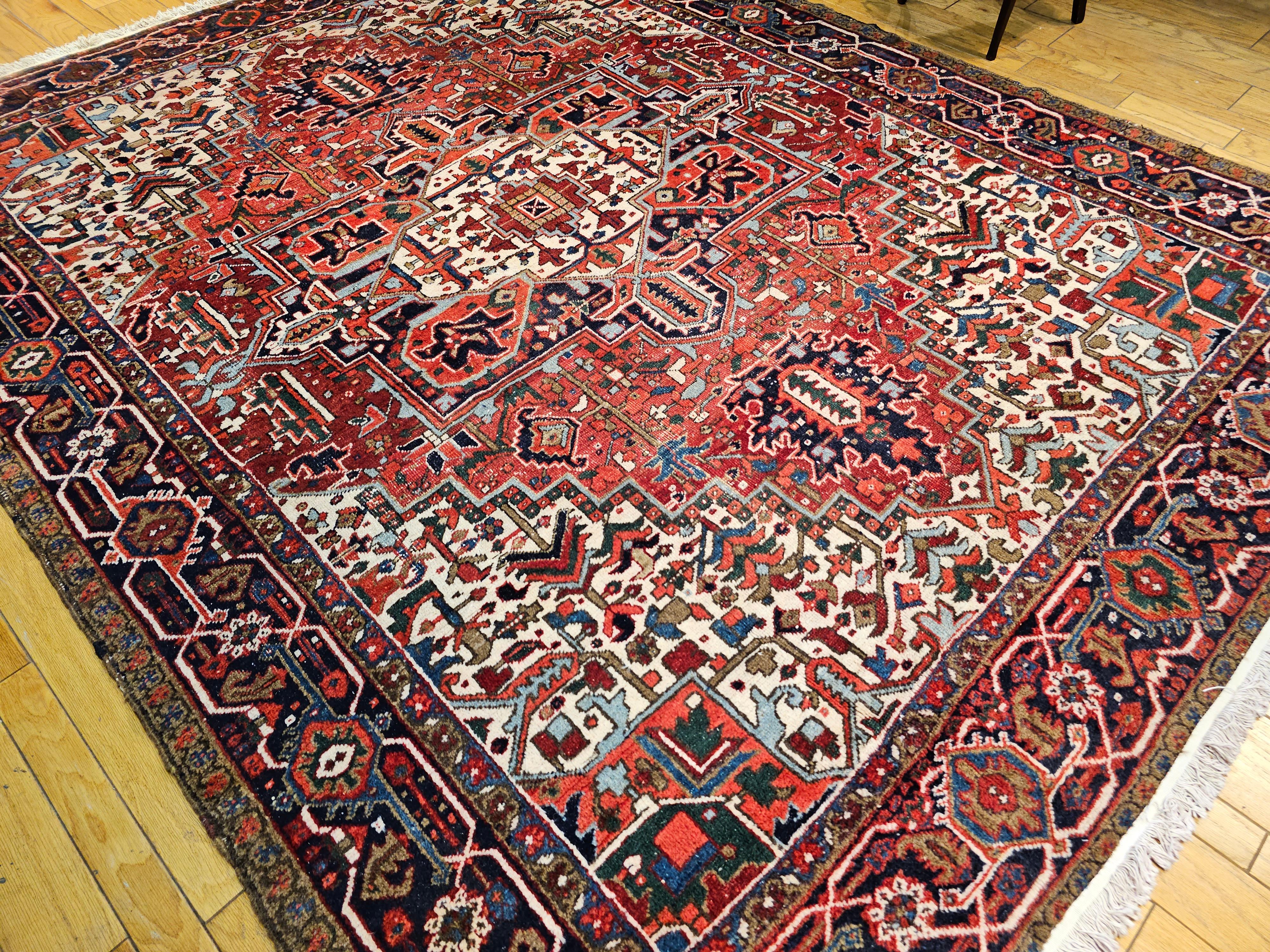 Vintage Room Size Persian Heriz in Red, Navy Blue, Ivory, Blue, Pink For Sale 7