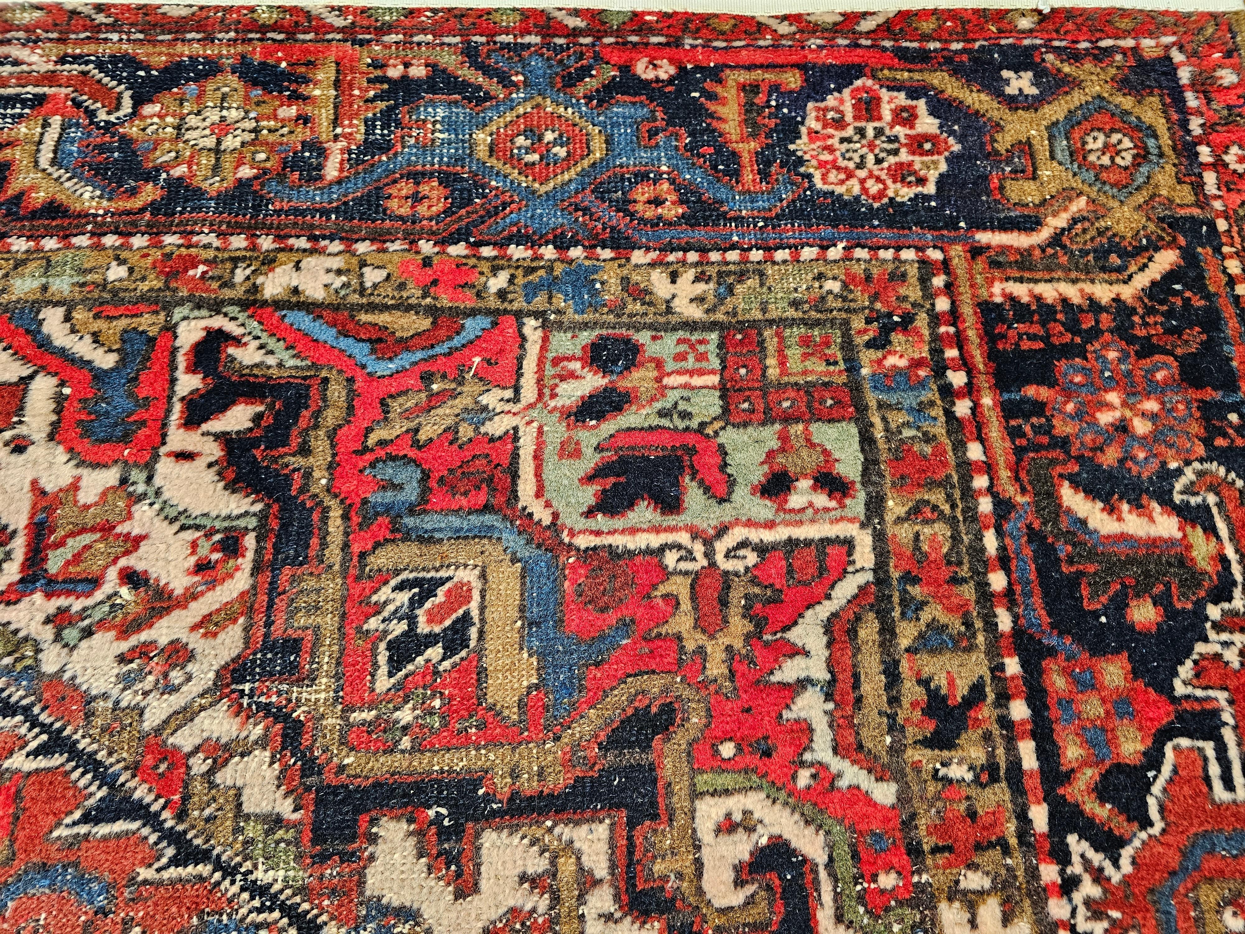 Vintage Room Size Persian Heriz in Red, Navy Blue, Ivory, Yellow, Green, Brown For Sale 8