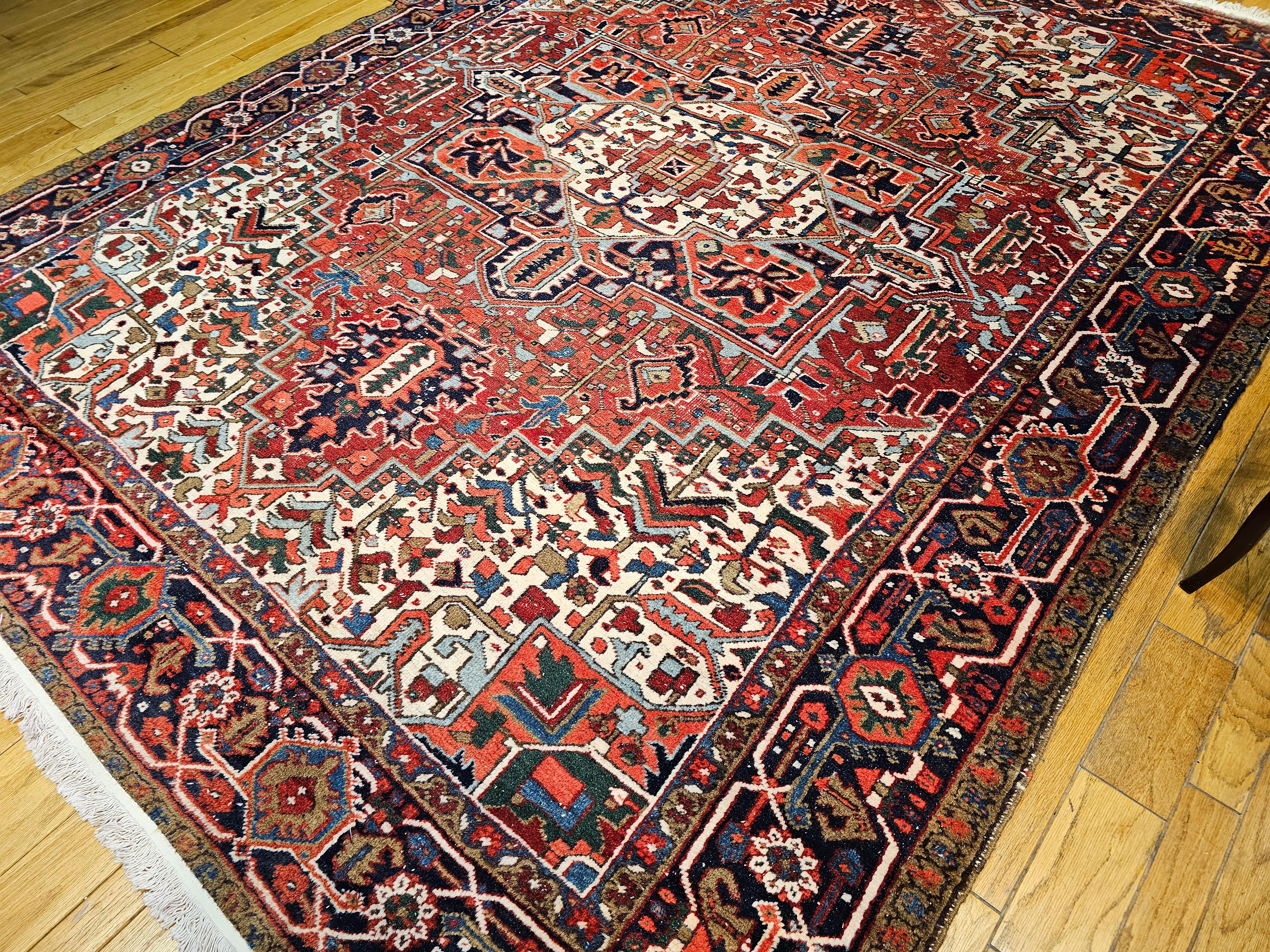 Vintage Room Size Persian Heriz in Red, Navy Blue, Ivory, Blue, Pink For Sale 8