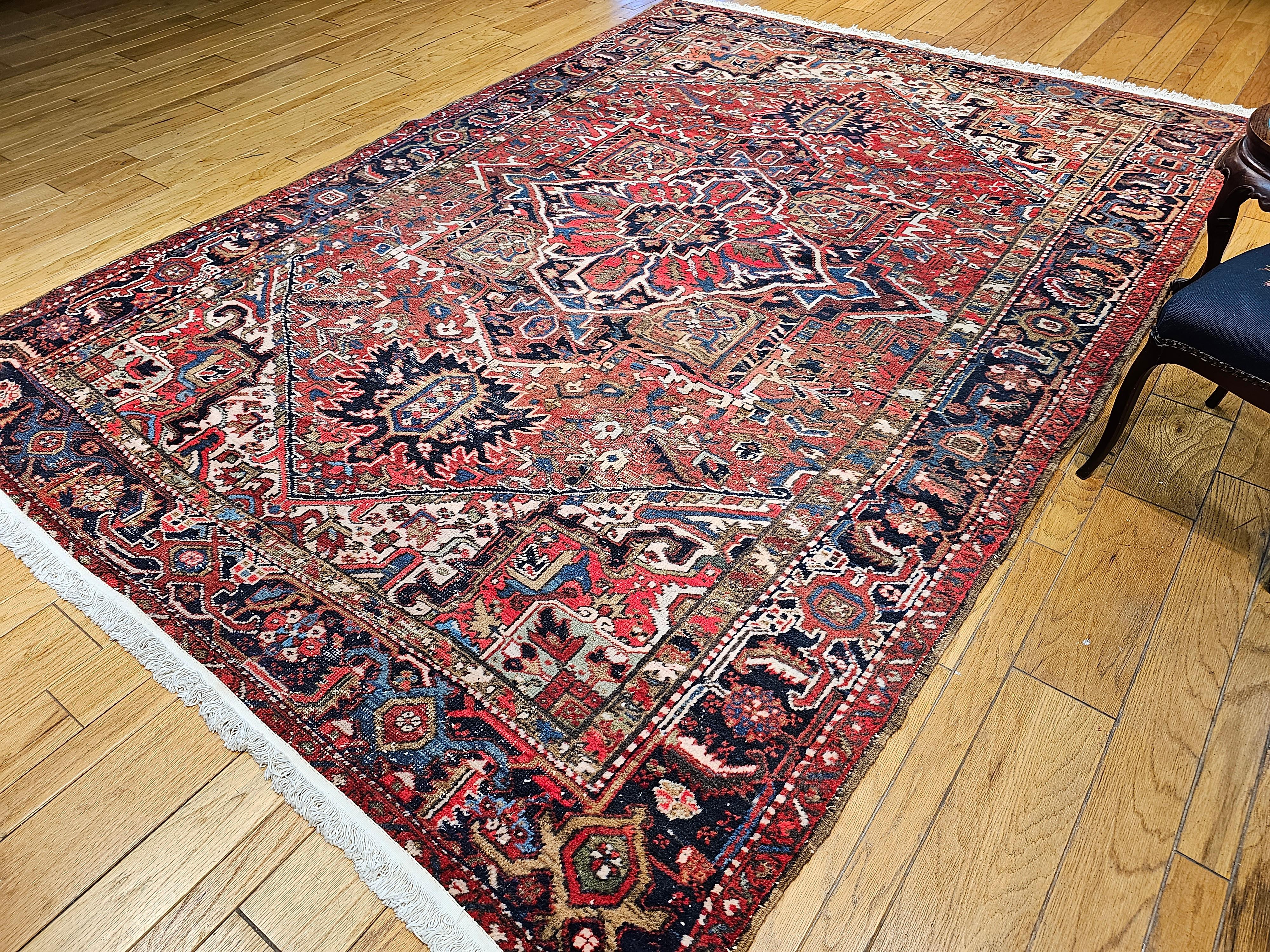 Vintage Room Size Persian Heriz in Red, Navy Blue, Ivory, Yellow, Green, Brown For Sale 10