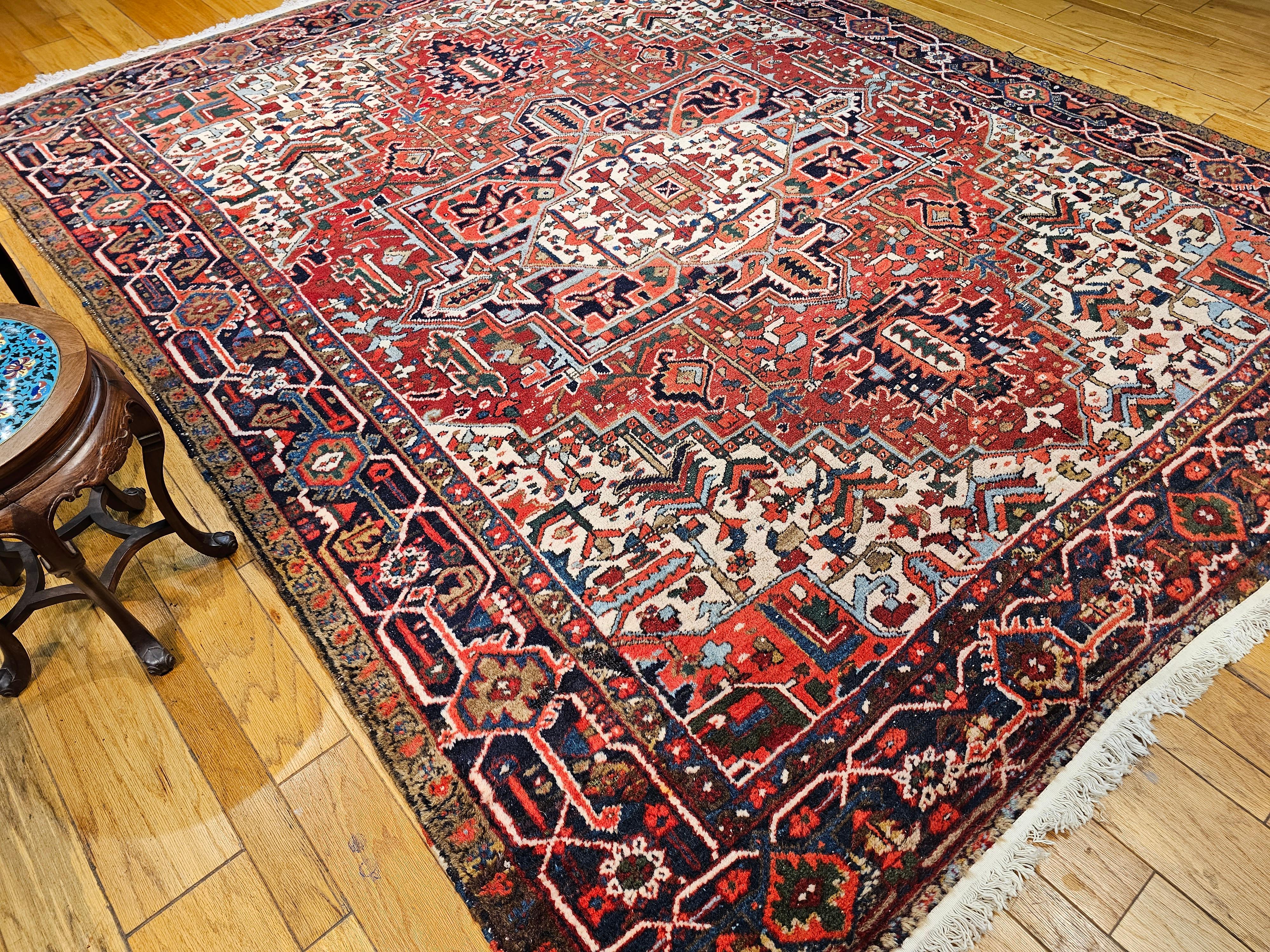 Vintage Room Size Persian Heriz in Red, Navy Blue, Ivory, Blue, Pink For Sale 10