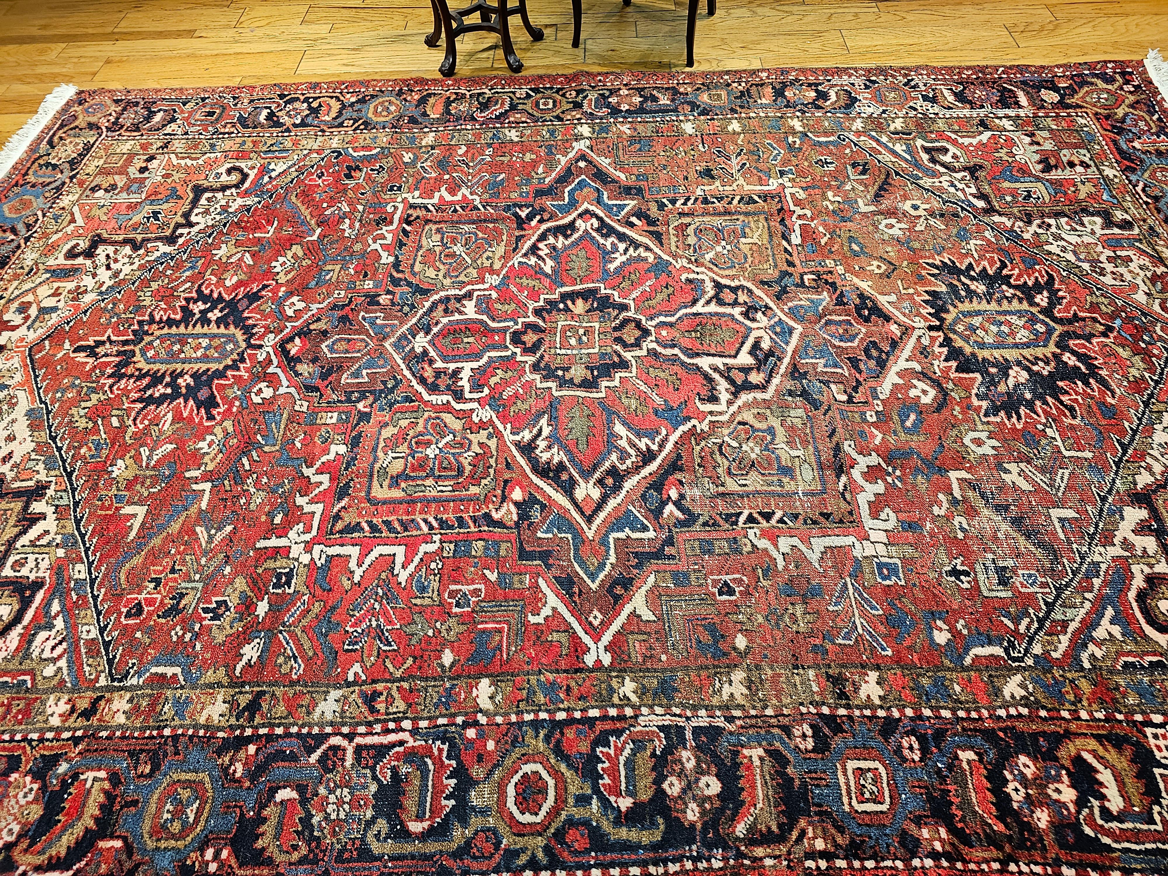 Vintage Room Size Persian Heriz in Red, Navy Blue, Ivory, Yellow, Green, Brown For Sale 11