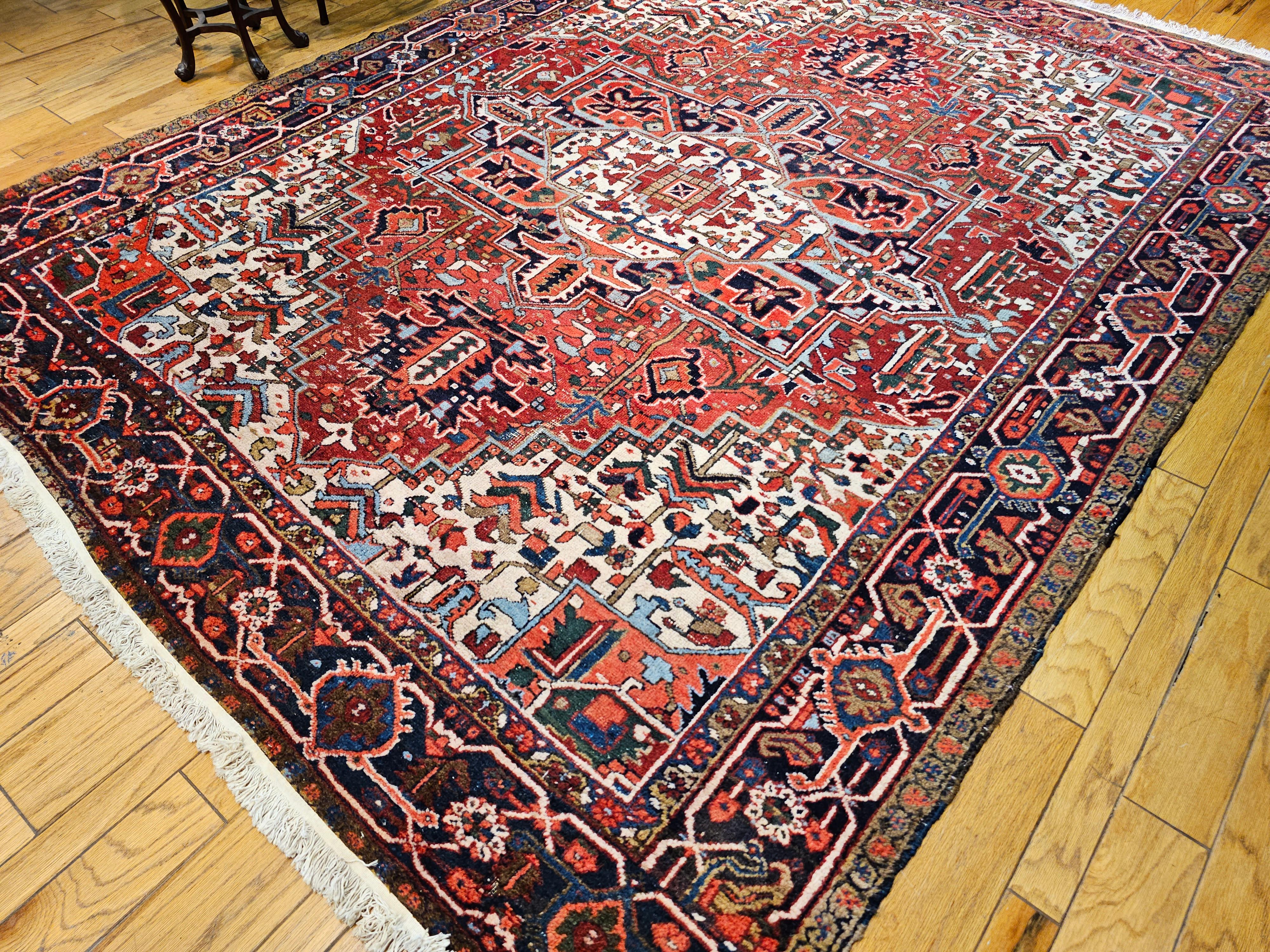 Vintage Room Size Persian Heriz in Red, Navy Blue, Ivory, Blue, Pink For Sale 11