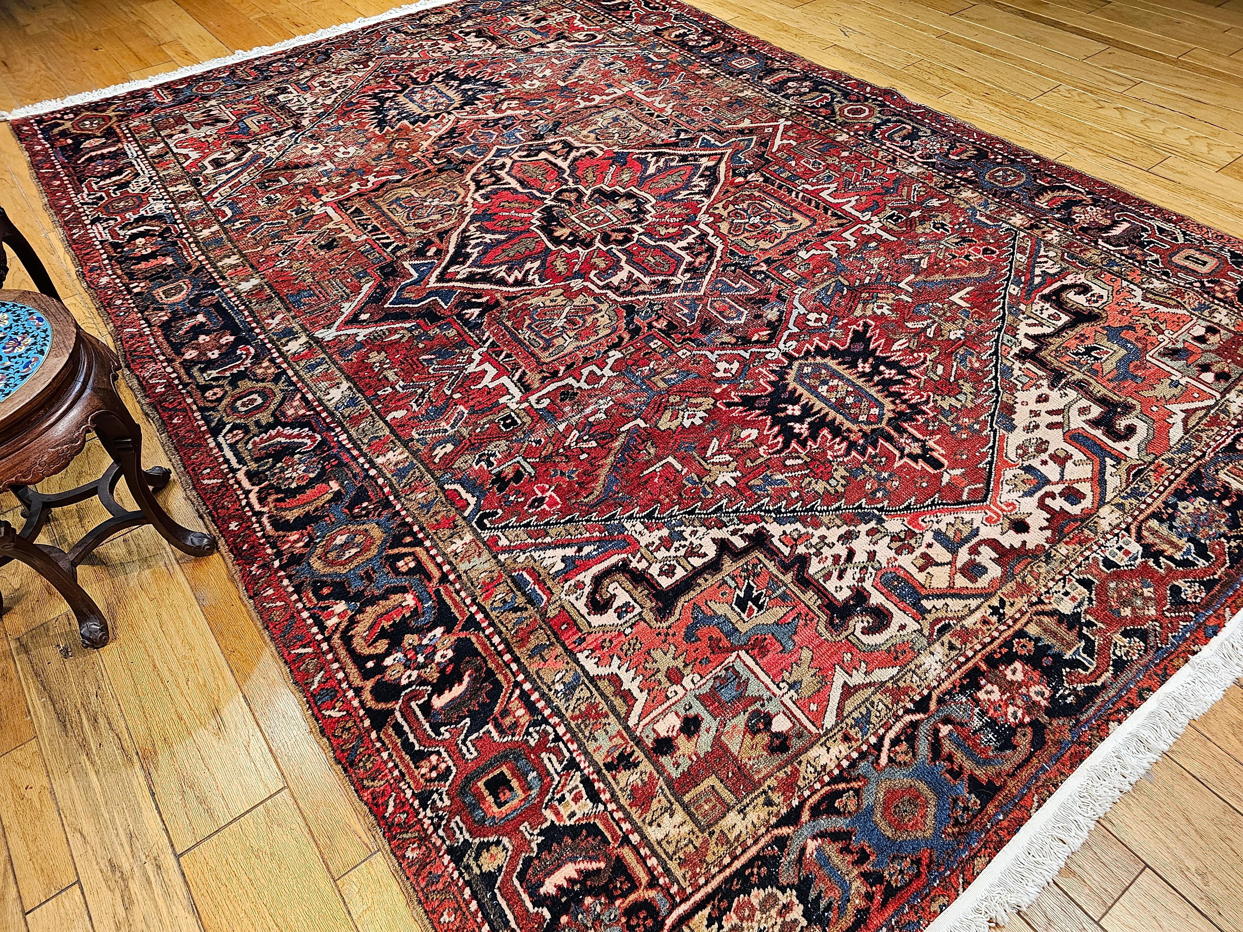 Vintage Room Size Persian Heriz in Red, Navy Blue, Ivory, Yellow, Green, Brown For Sale 12