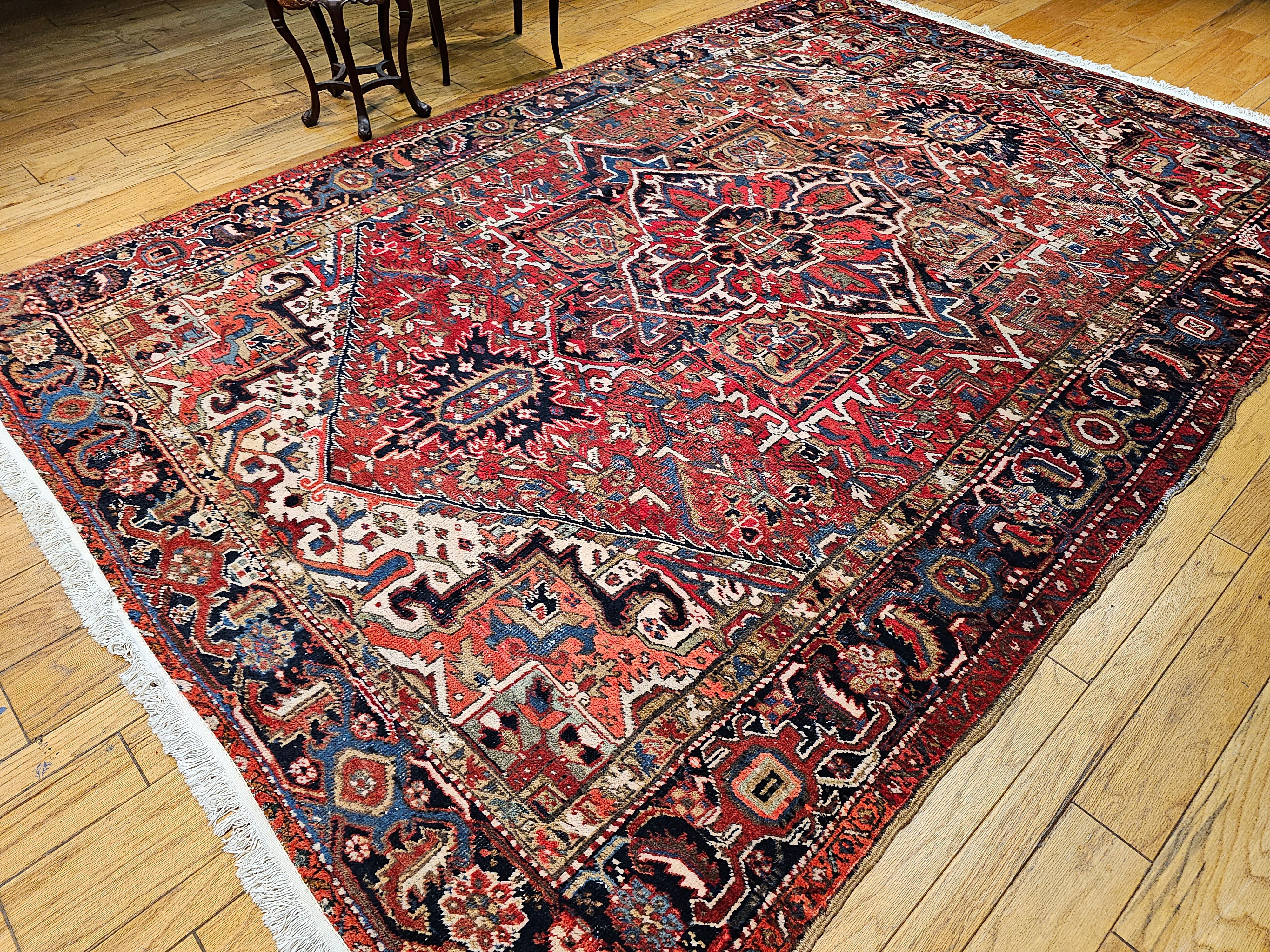 Vintage Room Size Persian Heriz in Red, Navy Blue, Ivory, Yellow, Green, Brown For Sale 13