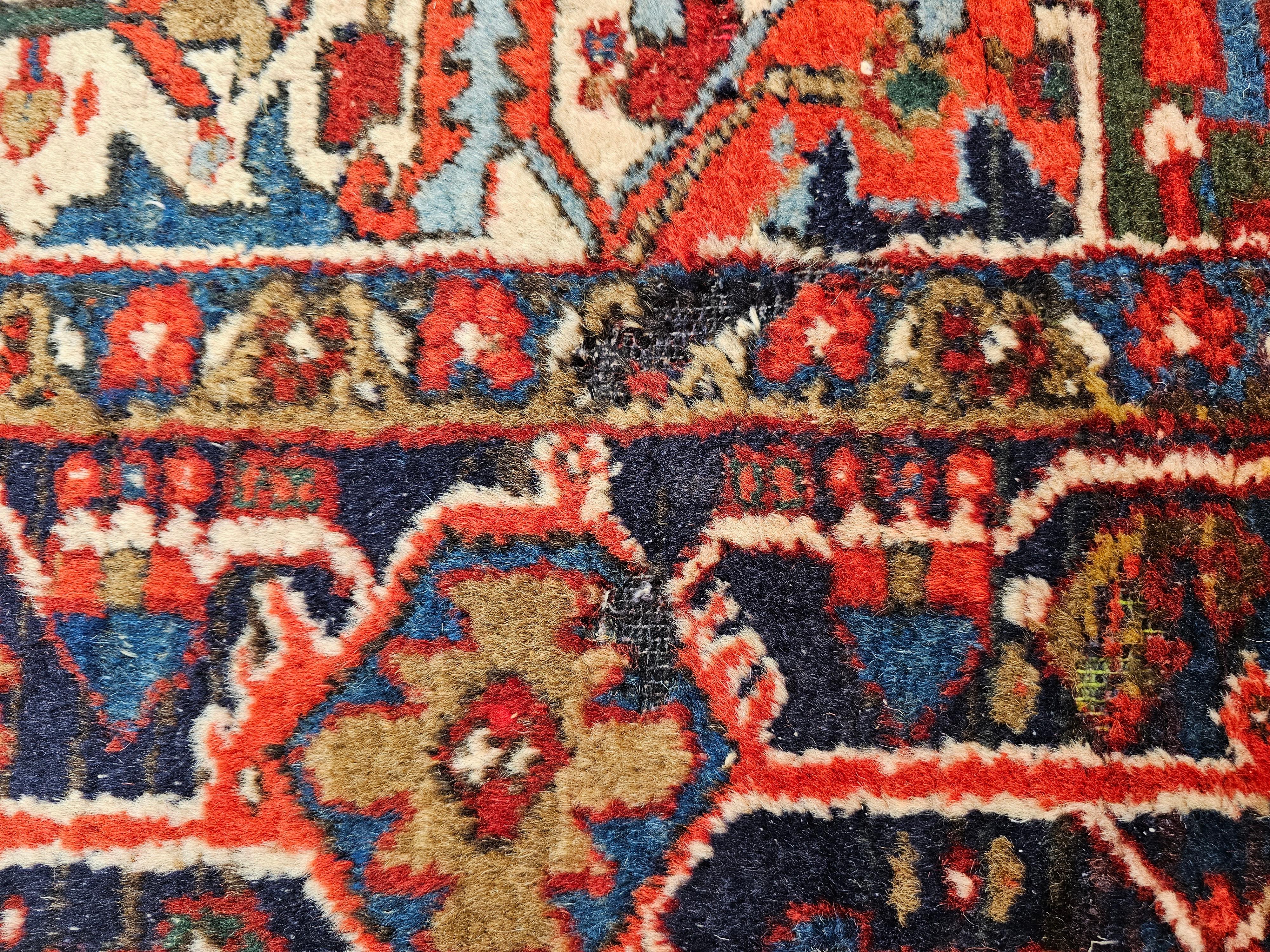 Vintage Room Size Persian Heriz in Red, Navy Blue, Ivory, Blue, Pink For Sale 13