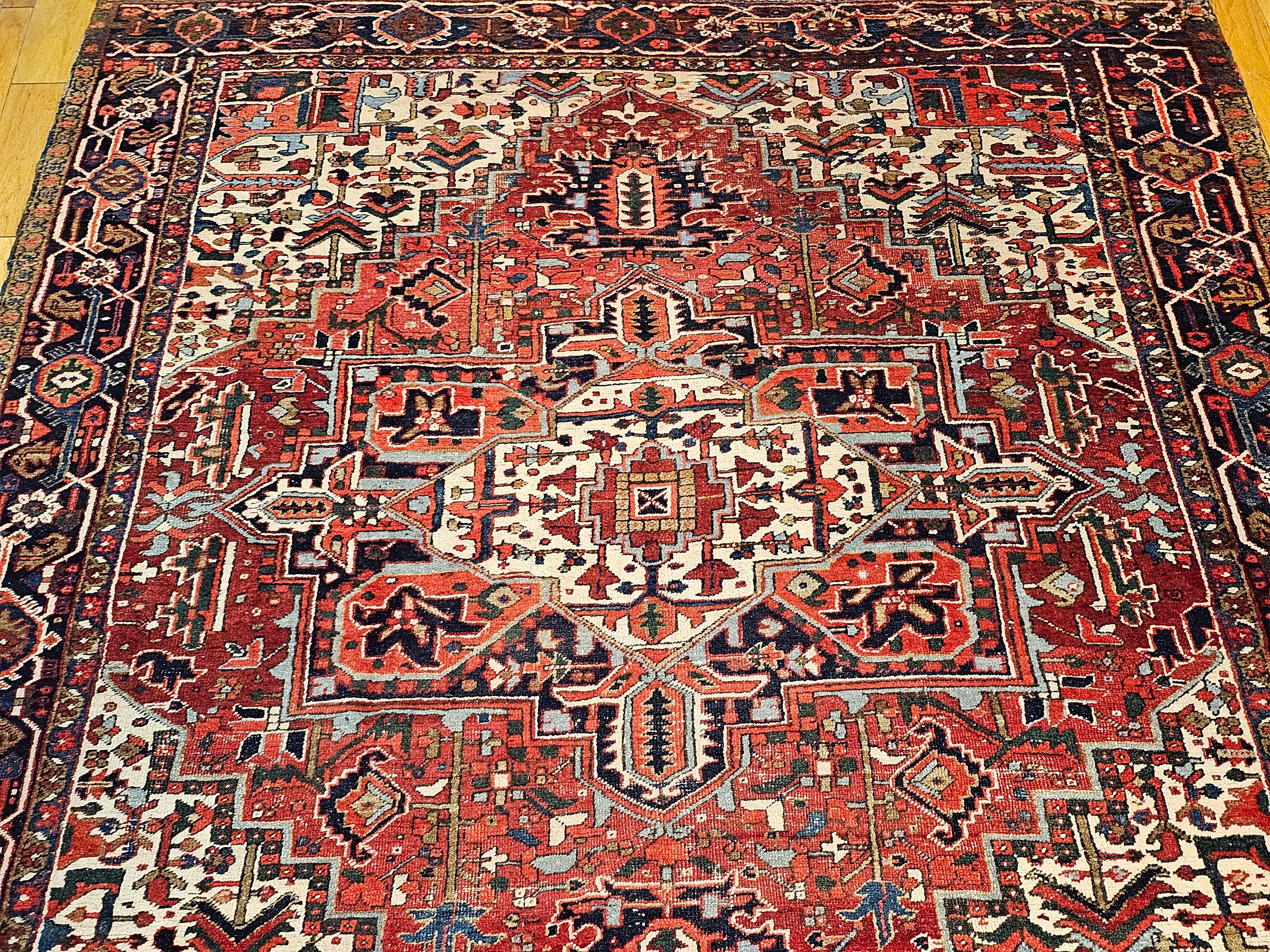 Vegetable Dyed Vintage Room Size Persian Heriz in Red, Navy Blue, Ivory, Blue, Pink For Sale
