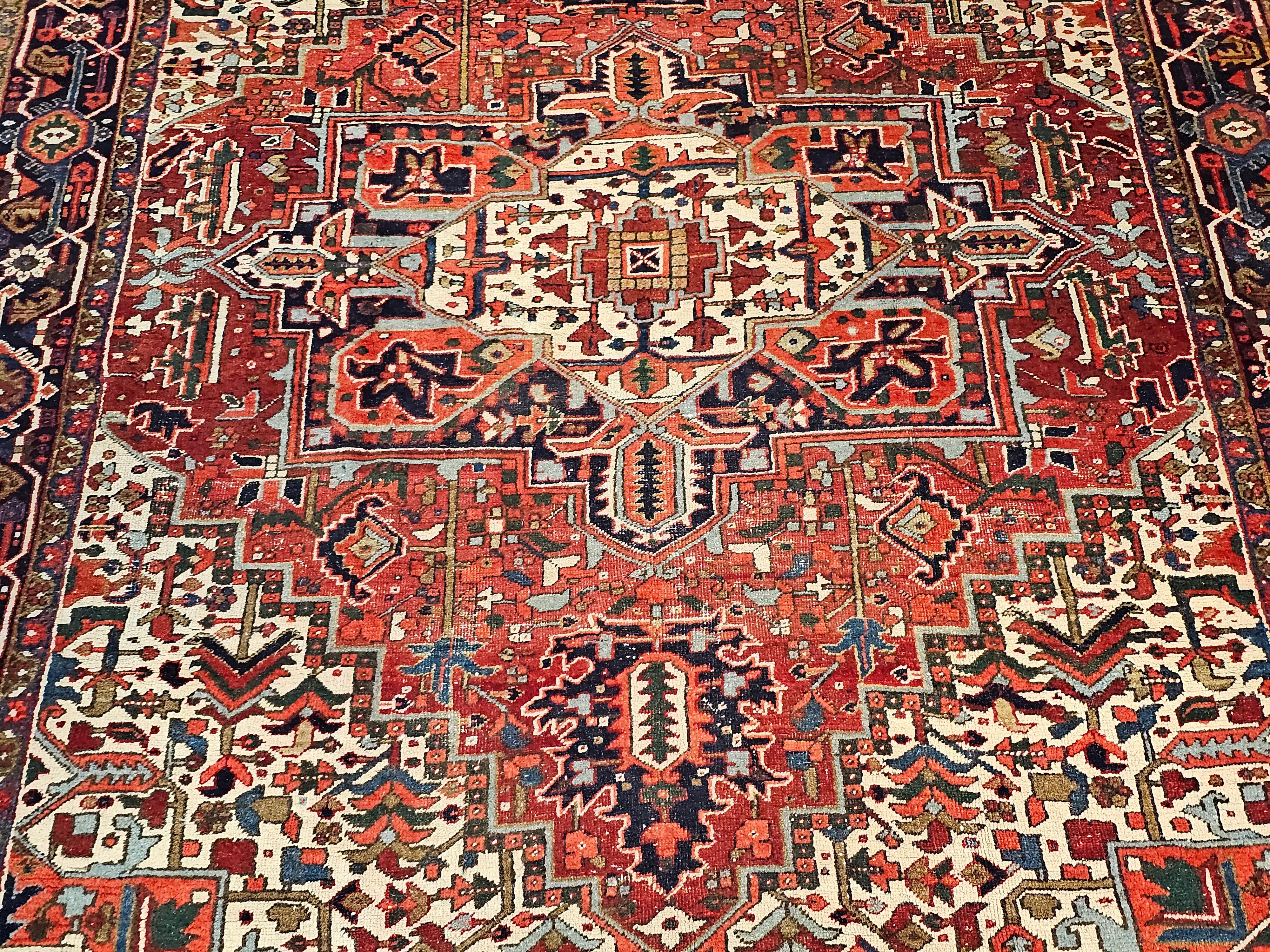 Vintage Room Size Persian Heriz in Red, Navy Blue, Ivory, Blue, Pink In Good Condition For Sale In Barrington, IL