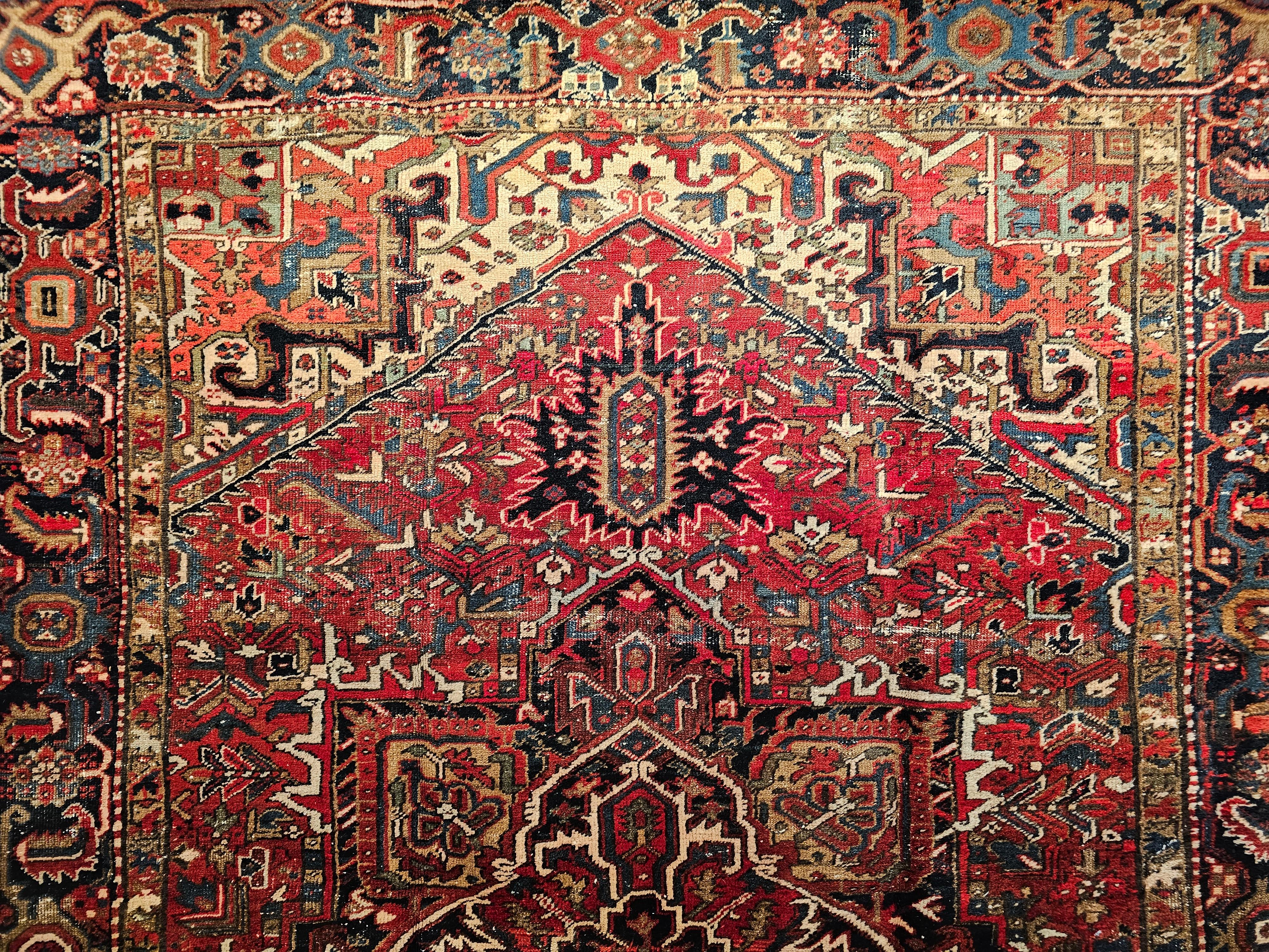 Vintage Room Size Persian Heriz in Red, Navy Blue, Ivory, Yellow, Green, Brown In Good Condition For Sale In Barrington, IL