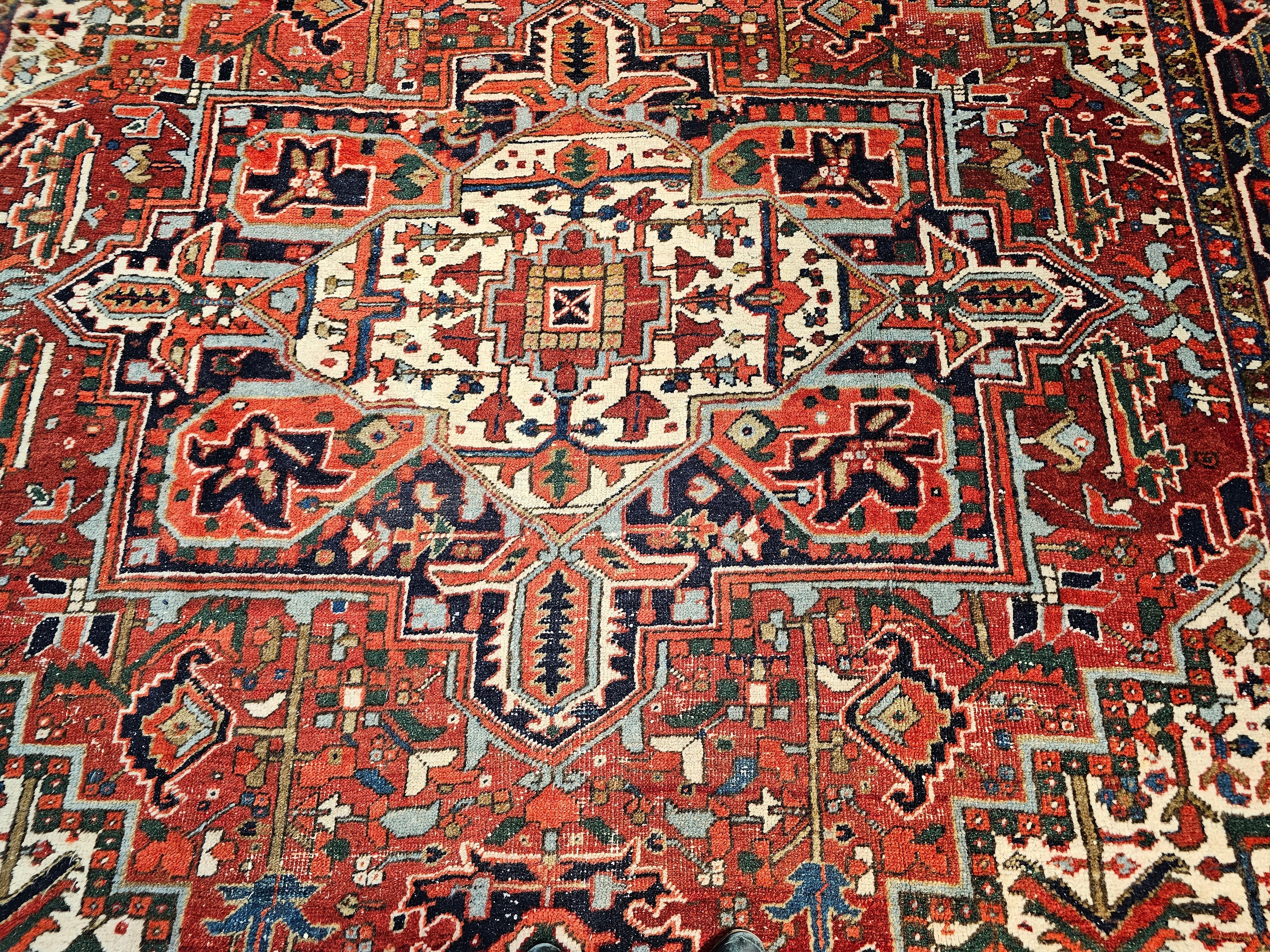 Wool Vintage Room Size Persian Heriz in Red, Navy Blue, Ivory, Blue, Pink For Sale