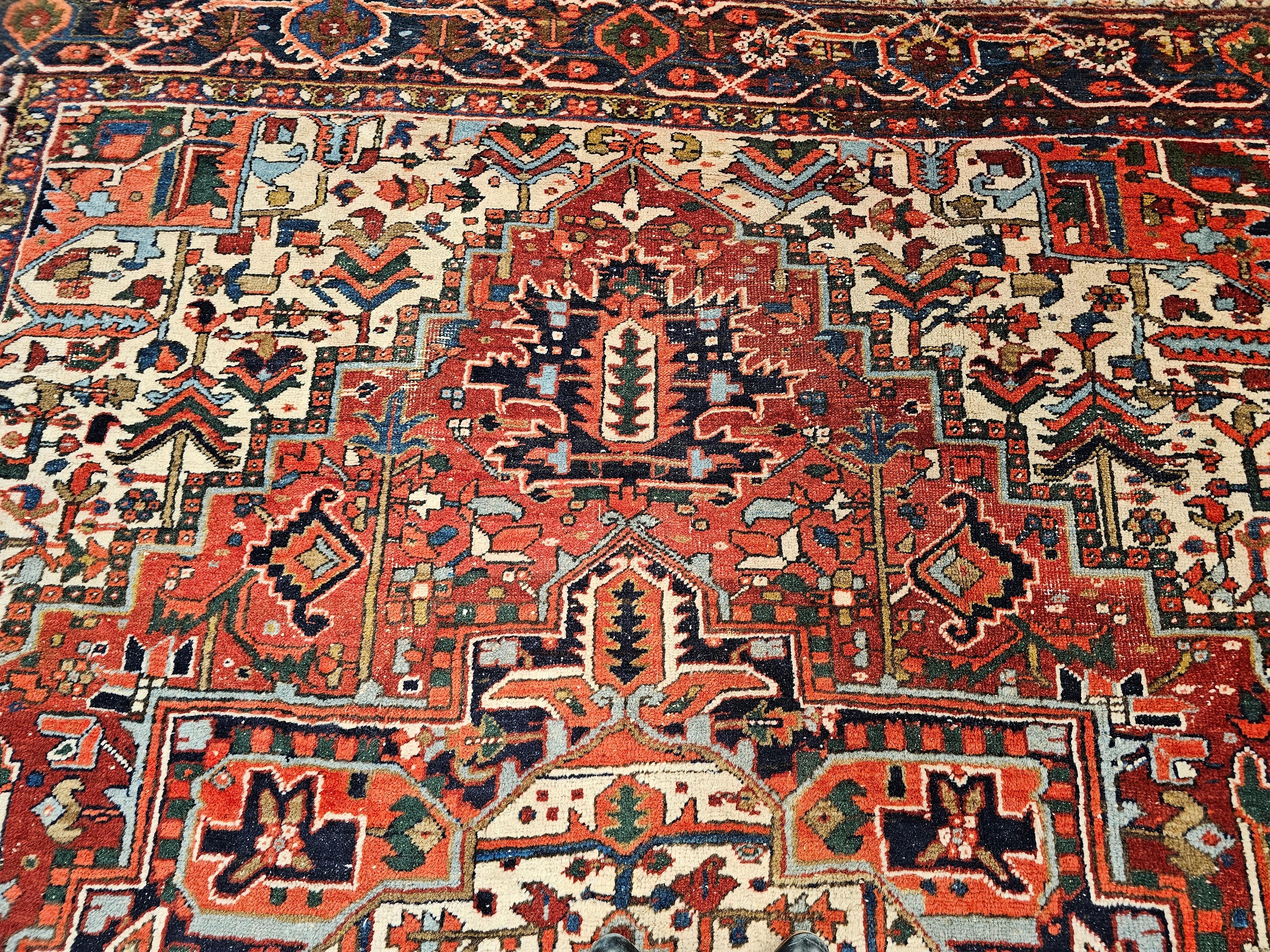 Vintage Room Size Persian Heriz in Red, Navy Blue, Ivory, Blue, Pink For Sale 1