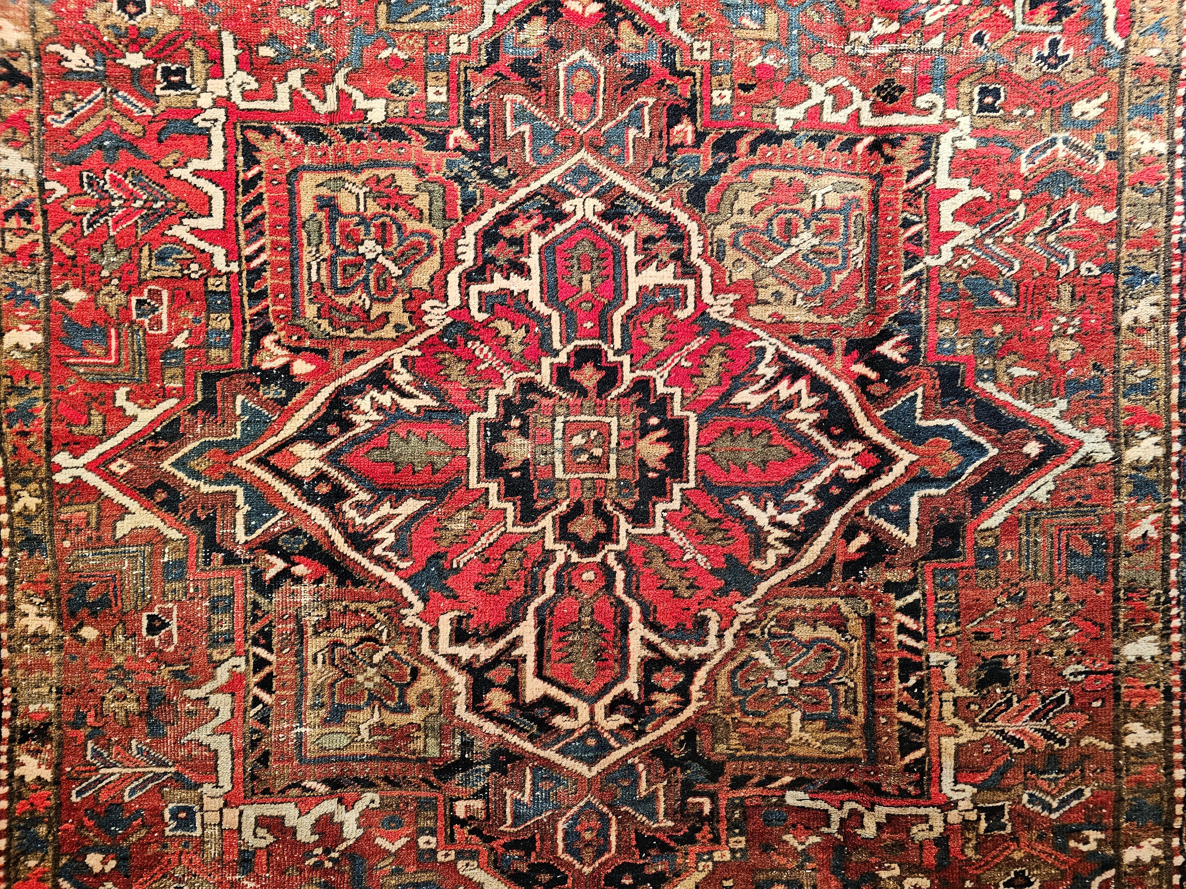 Vintage Room Size Persian Heriz in Red, Navy Blue, Ivory, Yellow, Green, Brown For Sale 2