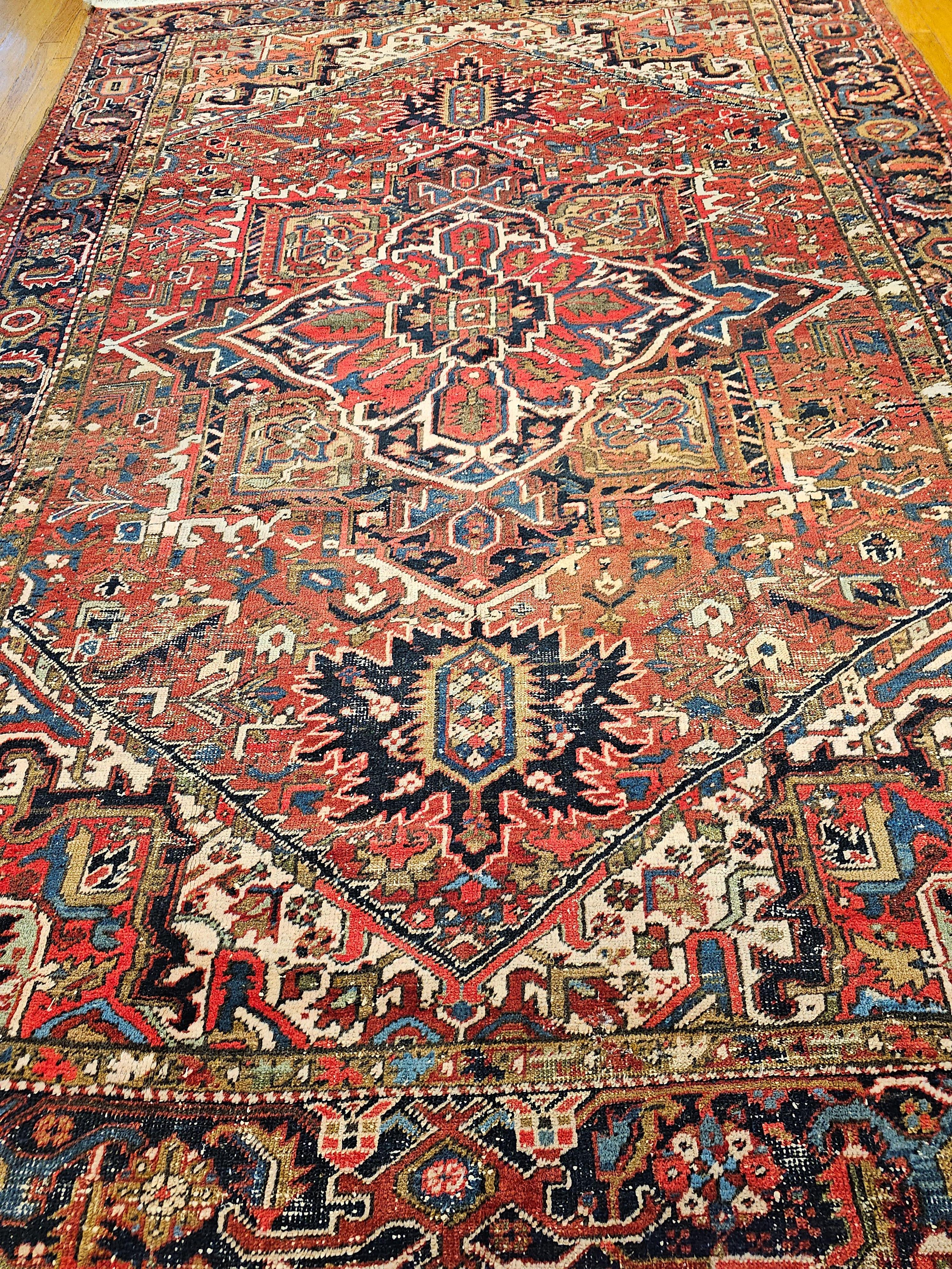 Vintage Room Size Persian Heriz in Red, Navy Blue, Ivory, Yellow, Green, Brown For Sale 3