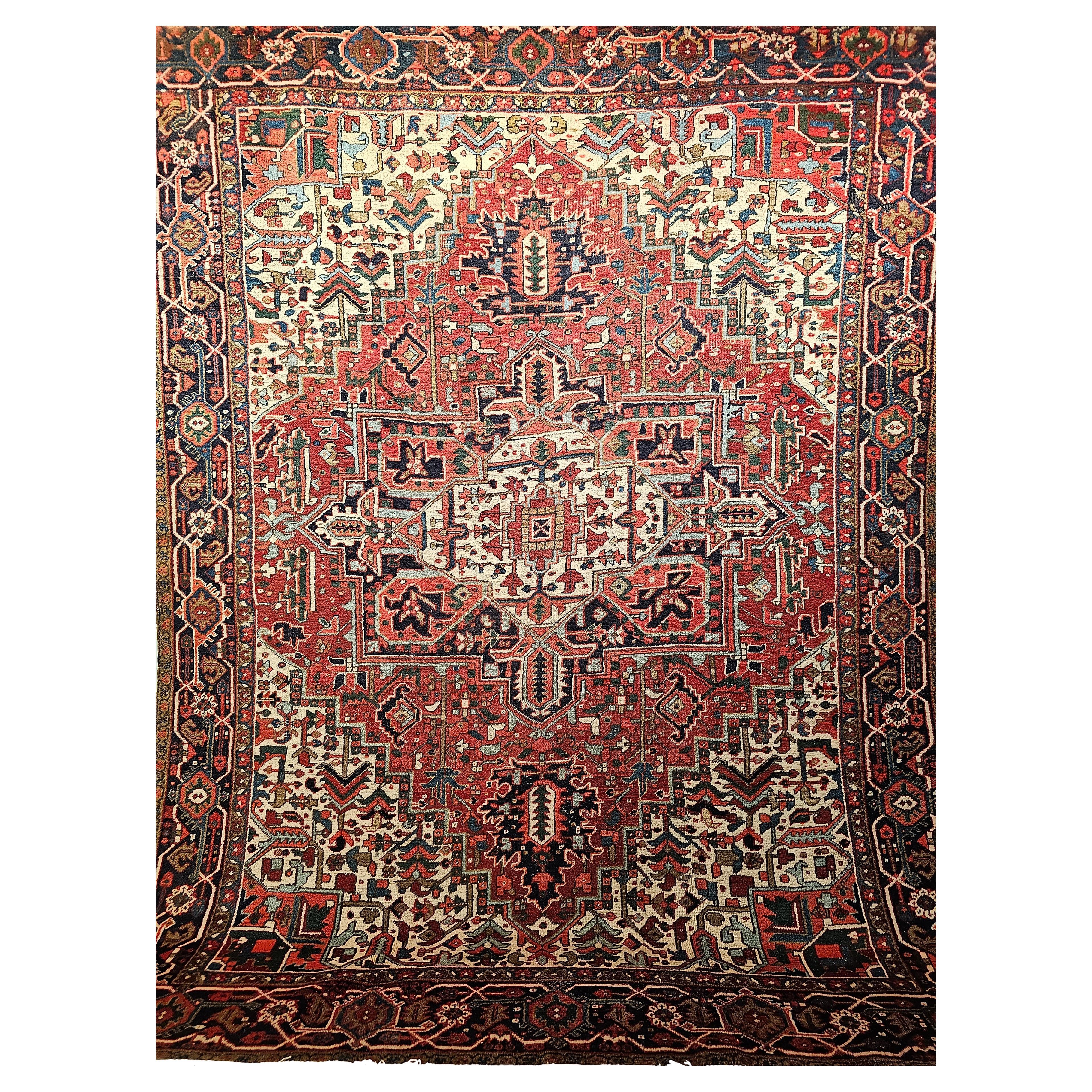 Vintage Room Size Persian Heriz in Red, Navy Blue, Ivory, Blue, Pink