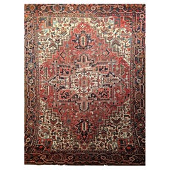 Antique Room Size Persian Heriz in Red, Navy Blue, Ivory, Blue, Pink