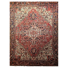 Vintage Room Size Persian Heriz in Red, Navy Blue, Ivory, Blue, Pink