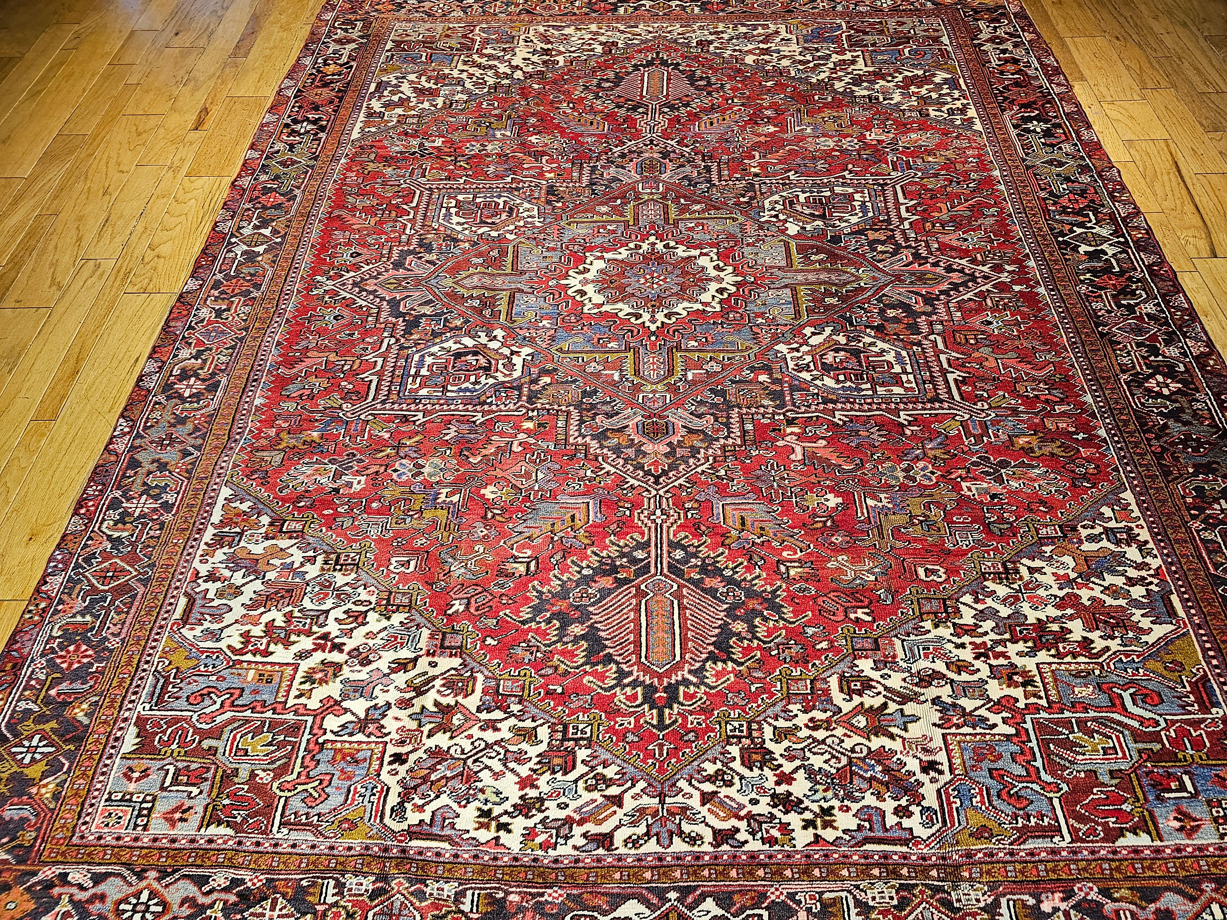 Vintage Room Size Persian Heriz in Red, Ivory, Lavender, Yellow, Brown, Navy For Sale 6