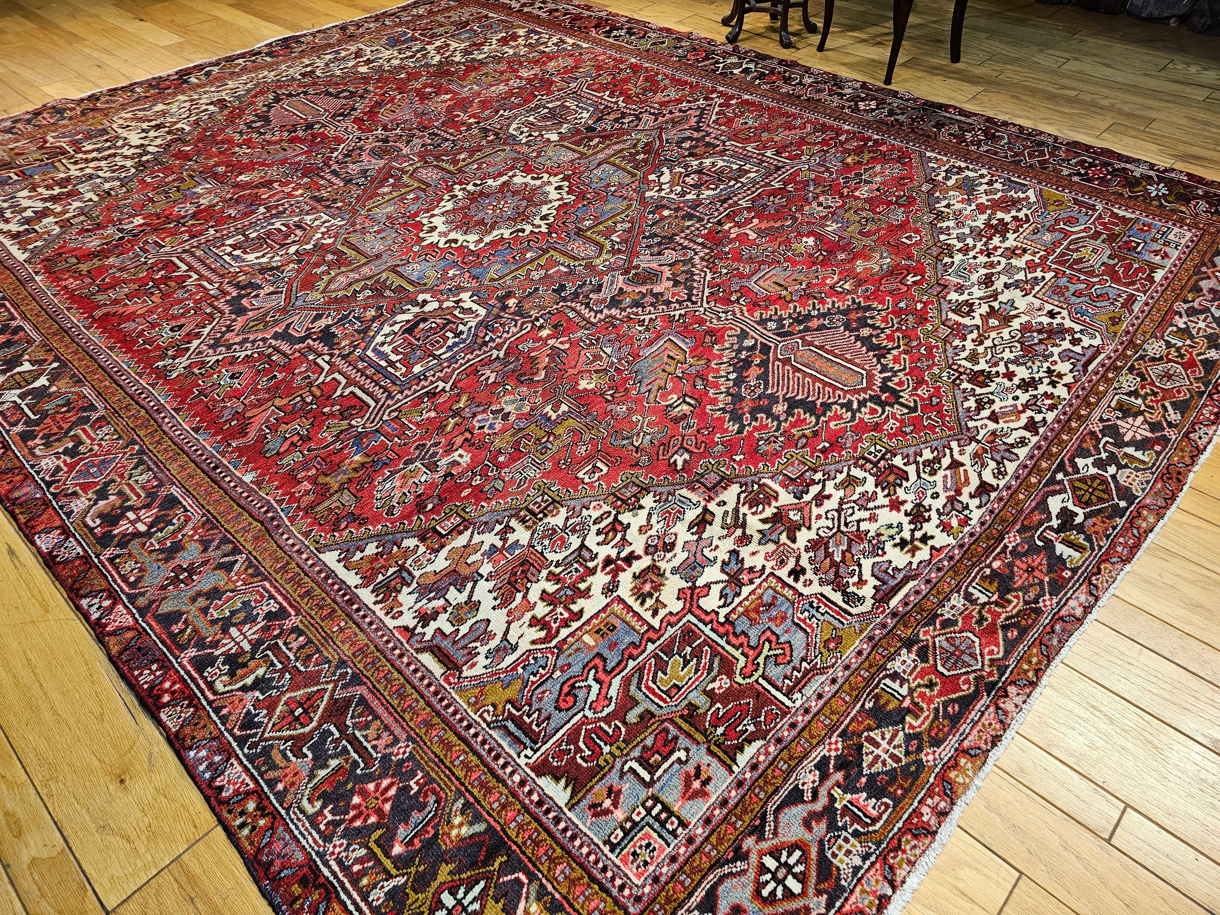Vintage Room Size Persian Heriz in Red, Ivory, Lavender, Yellow, Brown, Navy For Sale 7